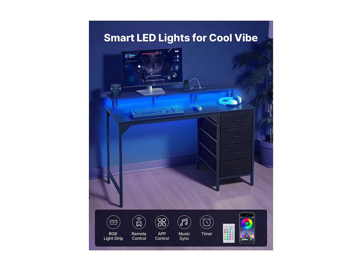 Bureau d'Ordinateur SucceBuy 120 cm avec Éclairage LED Intelligent et Prises de Courant, Table de Bureau Informatique avec 4 Grands Tiroirs et Support d'Écran