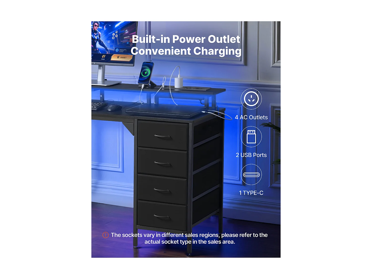 Bureau d'Ordinateur SucceBuy 120 cm avec Éclairage LED Intelligent et Prises de Courant, Table de Bureau Informatique avec 4 Grands Tiroirs et Support d'Écran