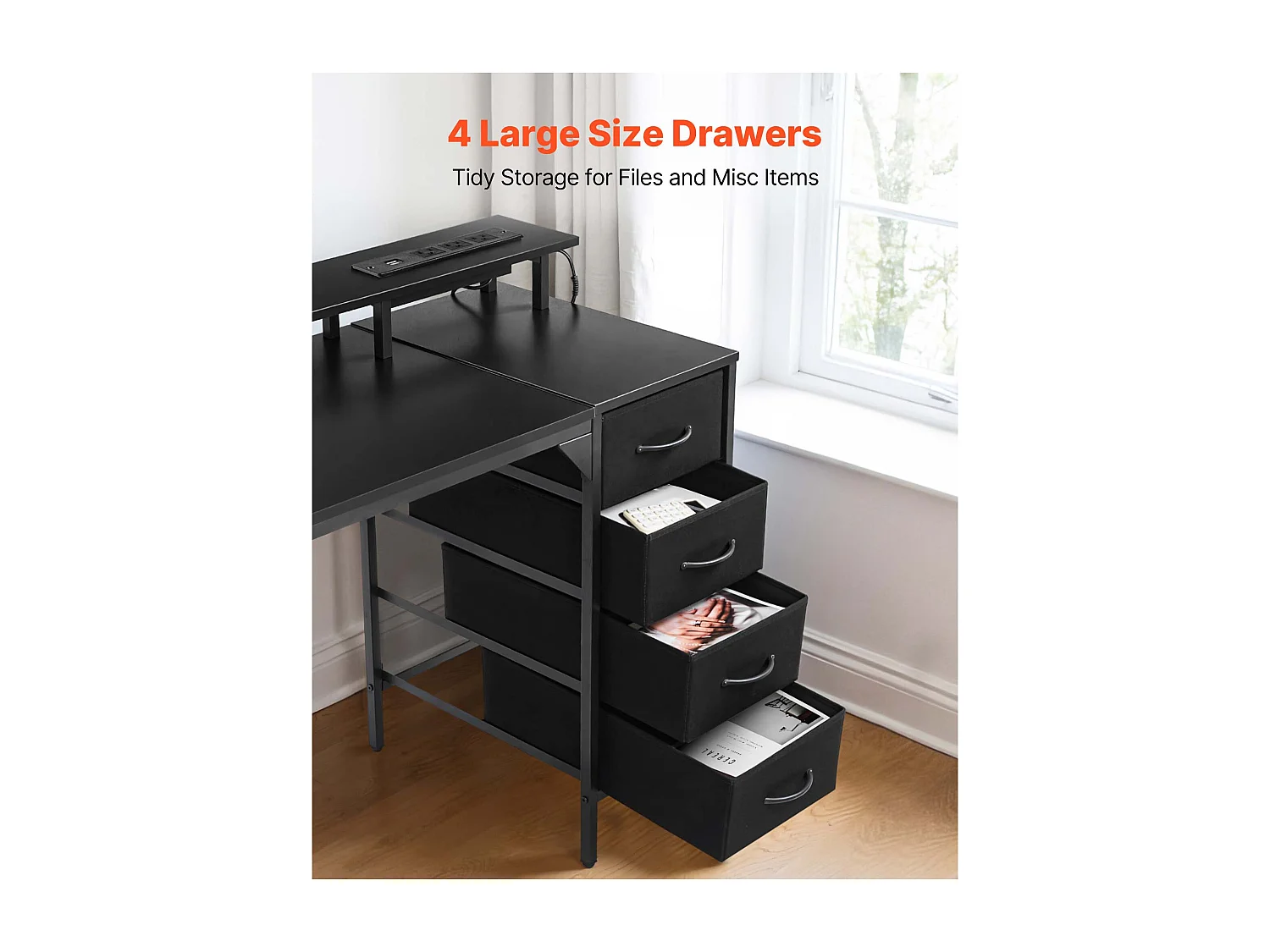 Bureau d'Ordinateur SucceBuy 120 cm avec Éclairage LED Intelligent et Prises de Courant, Table de Bureau Informatique avec 4 Grands Tiroirs et Support d'Écran