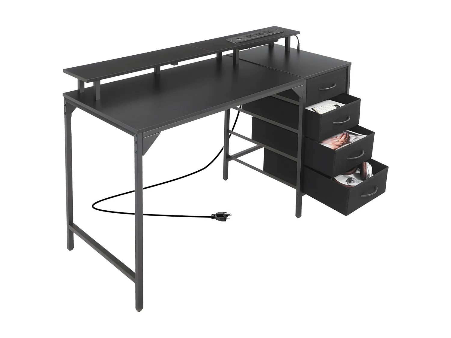 Bureau d'Ordinateur SucceBuy 120 cm avec Éclairage LED Intelligent et Prises de Courant, Table de Bureau Informatique avec 4 Grands Tiroirs et Support d'Écran