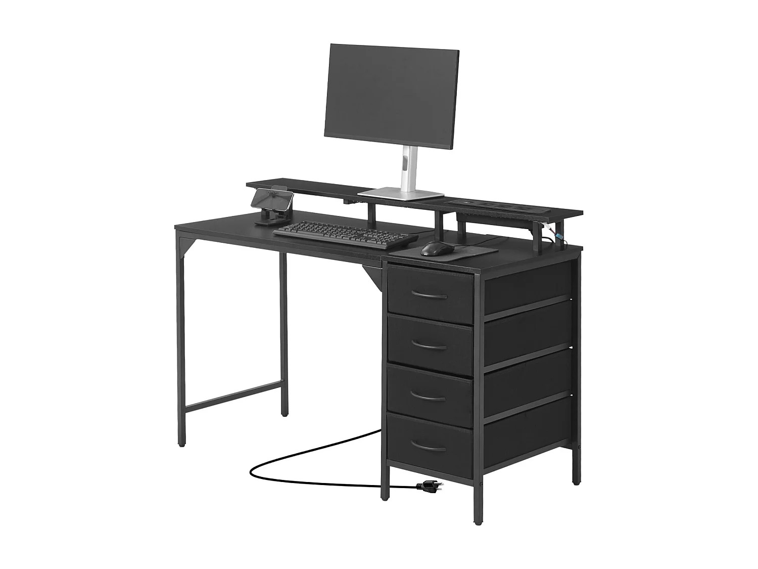 Bureau d'Ordinateur SucceBuy 120 cm avec Éclairage LED Intelligent et Prises de Courant, Table de Bureau Informatique avec 4 Grands Tiroirs et Support d'Écran