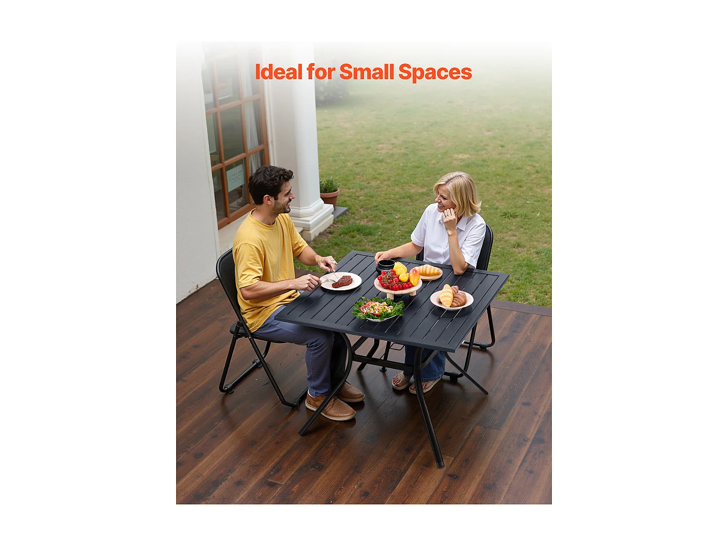 Table à Manger SucceBuy pour Patio Extérieur 94 cm, Table de Bistrot Carrée en Acier Et Métal pour 4 Personnes, avec Trou pour Parasol de 3.8 cm, Noir