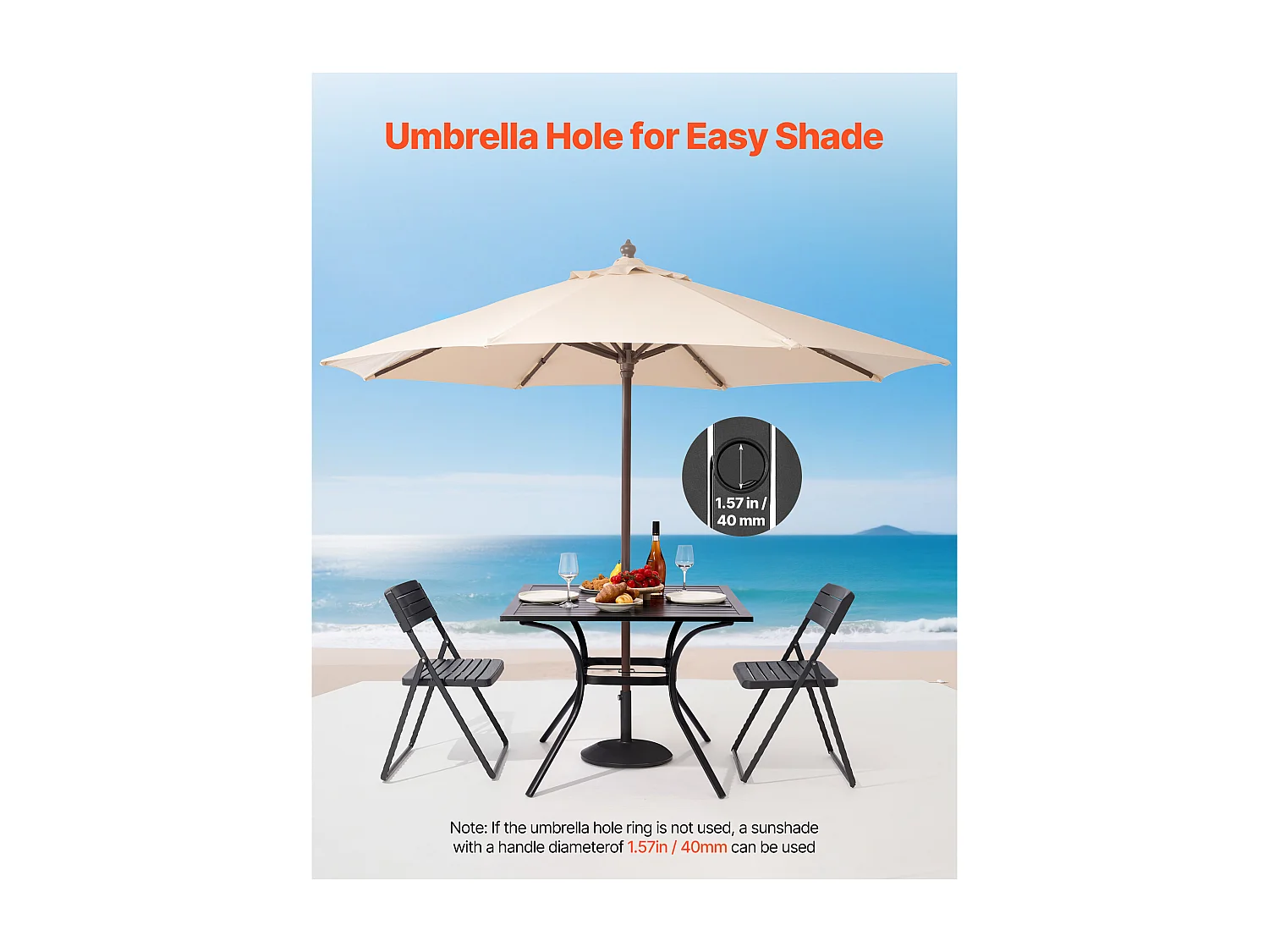 Table à Manger SucceBuy pour Patio Extérieur 94 cm, Table de Bistrot Carrée en Acier Et Métal pour 4 Personnes, avec Trou pour Parasol de 3.8 cm, Noir