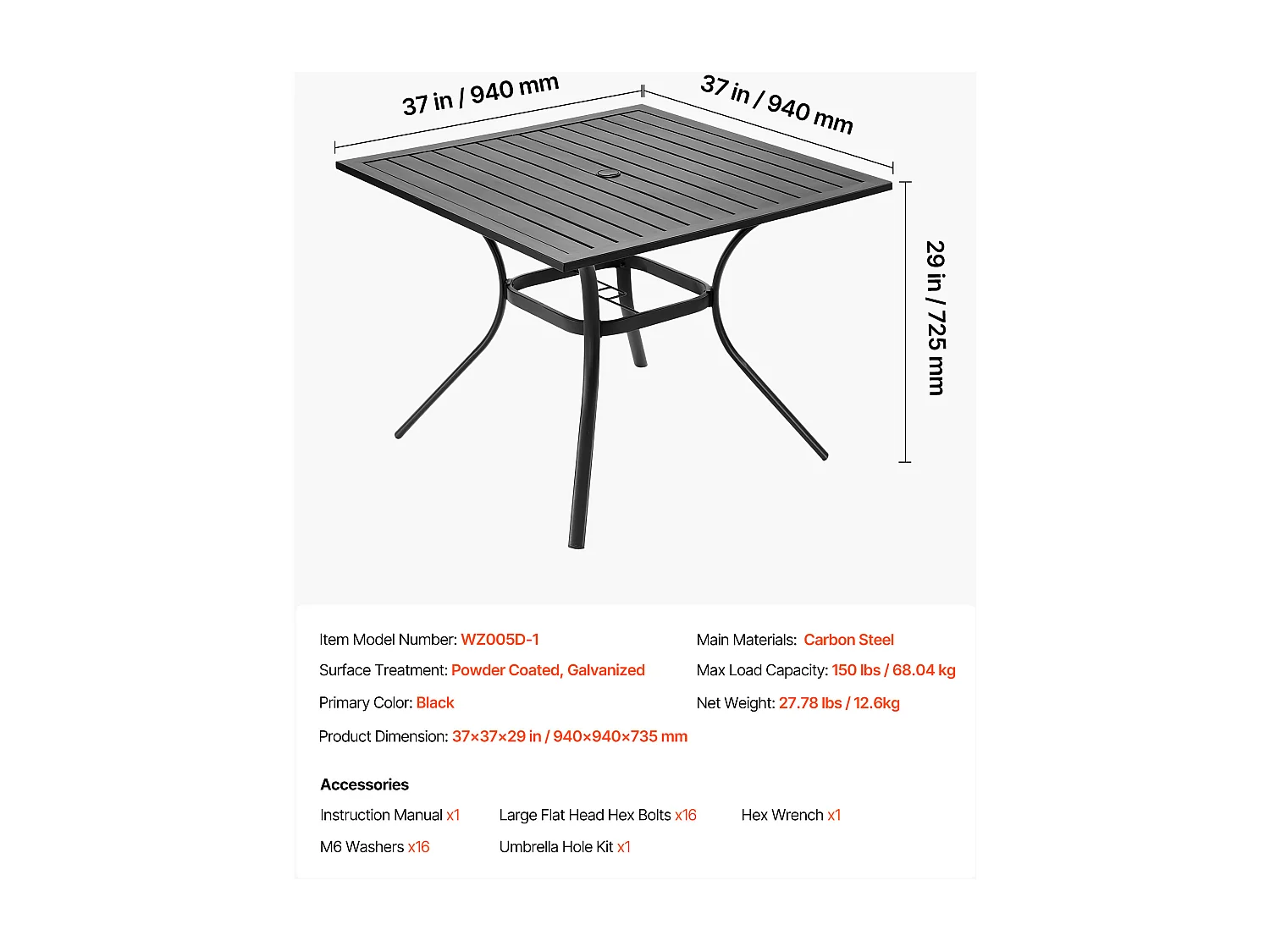 Table à Manger SucceBuy pour Patio Extérieur 94 cm, Table de Bistrot Carrée en Acier Et Métal pour 4 Personnes, avec Trou pour Parasol de 3.8 cm, Noir