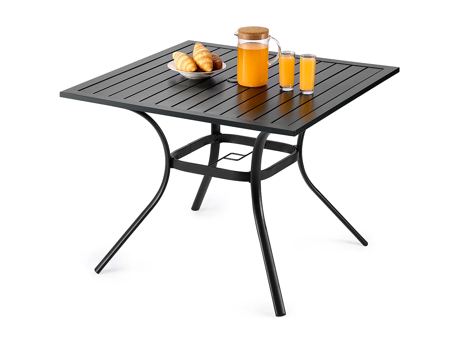 Table à Manger SucceBuy pour Patio Extérieur 94 cm, Table de Bistrot Carrée en Acier Et Métal pour 4 Personnes, avec Trou pour Parasol de 3.8 cm, Noir