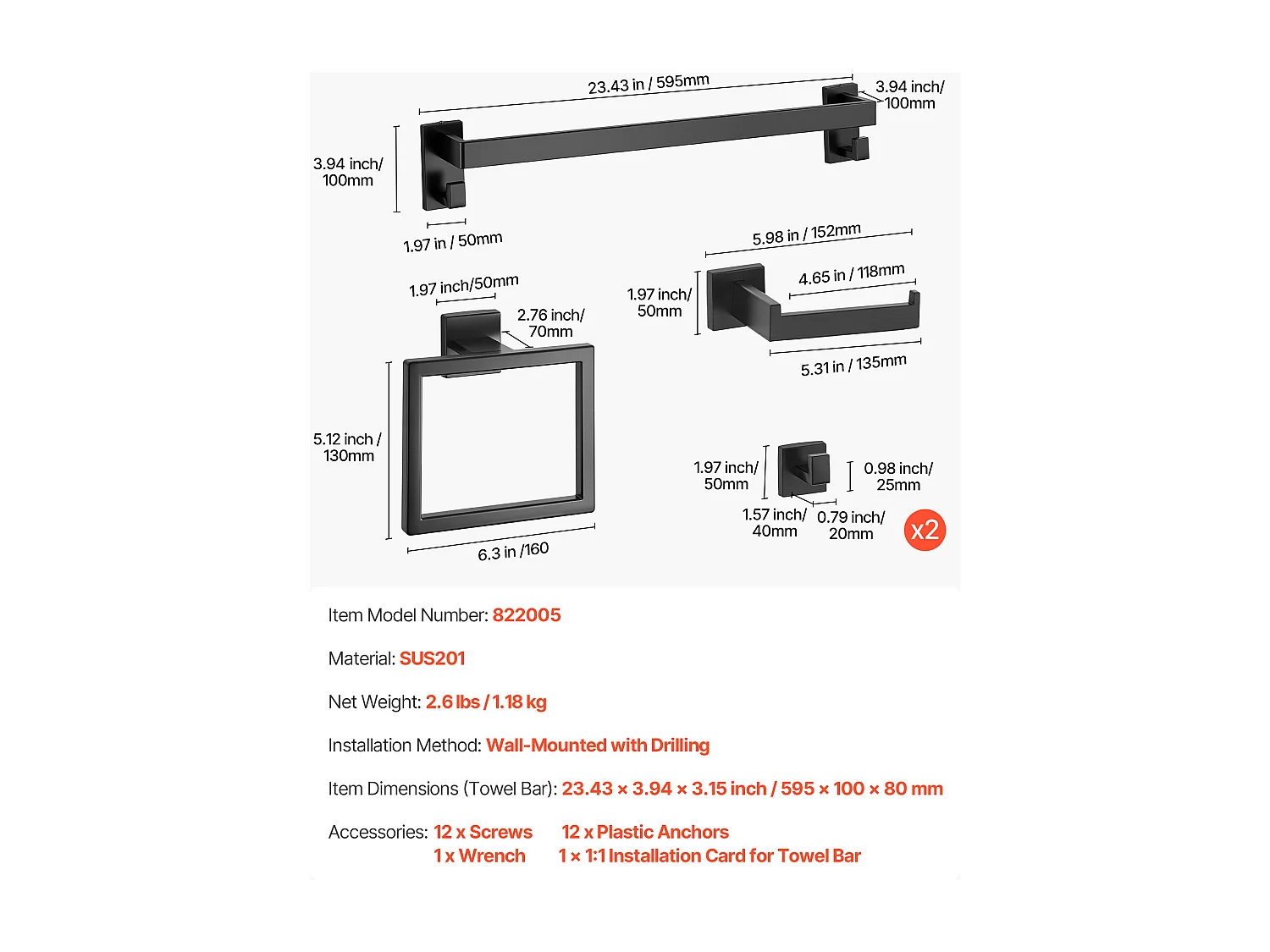 Acessórios de Banheiro SucceBuy 5PCs, Toalheiro de Parede de Aço Inoxidável 59,5 cm com Suporte de Toalha, 2 Ganchos para Roupão e Porta Papel Higiênico