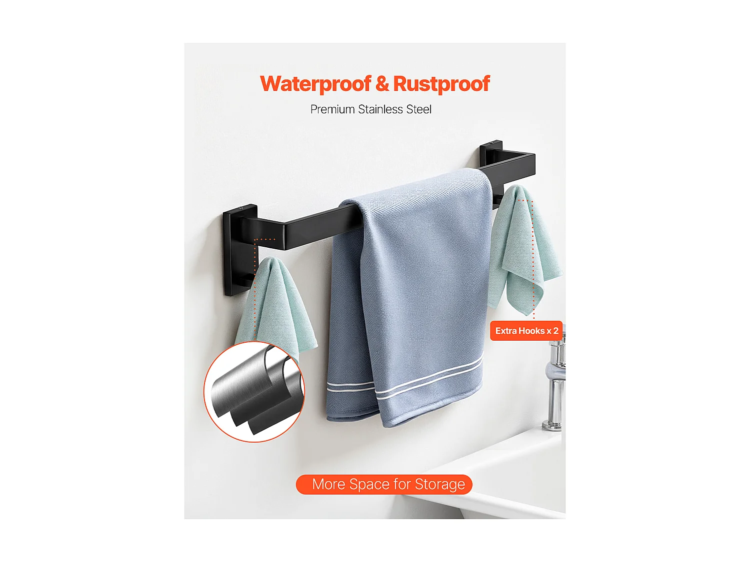Acessórios de Banheiro SucceBuy 5PCs, Toalheiro de Parede de Aço Inoxidável 59,5 cm com Suporte de Toalha, 2 Ganchos para Roupão e Porta Papel Higiênico