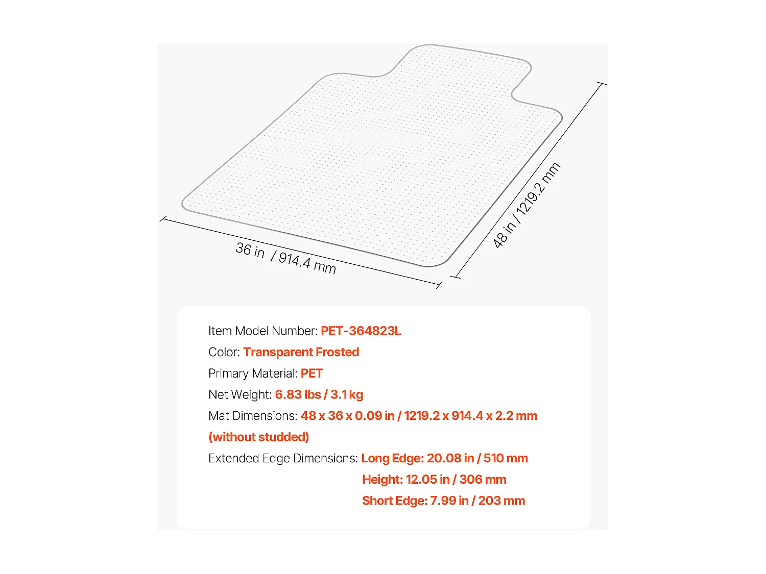 Tapis Chaise de Bureau SucceBuy avec Rebord de 121,9x91,4 cm, Tapis Protège-sol pour Moquettes à Poils Ras, Transparent, Antidérapant et Facile à Nettoyer