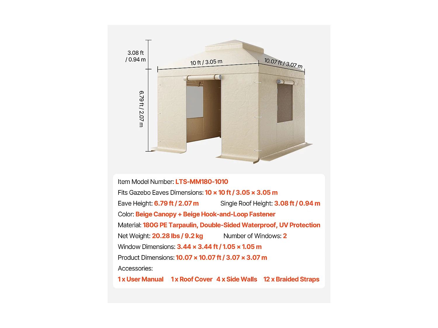Housse de Gazebo Hiver SucceBuy, 3,05 x 3,05 m, Couverture de Gazebo à Toit Rigide Double, avec Parois Latérales, Fenêtres Maille, Matériau PE Haute Densité