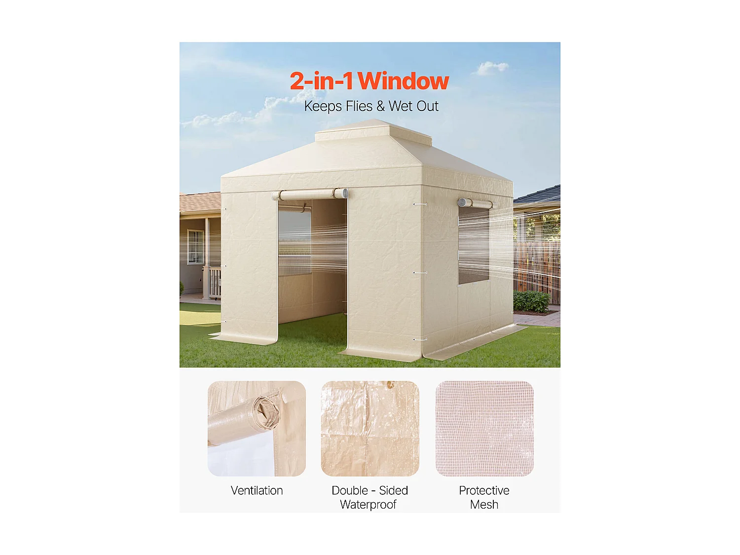 Housse de Gazebo Hiver SucceBuy, 3,05 x 3,05 m, Couverture de Gazebo à Toit Rigide Double, avec Parois Latérales, Fenêtres Maille, Matériau PE Haute Densité