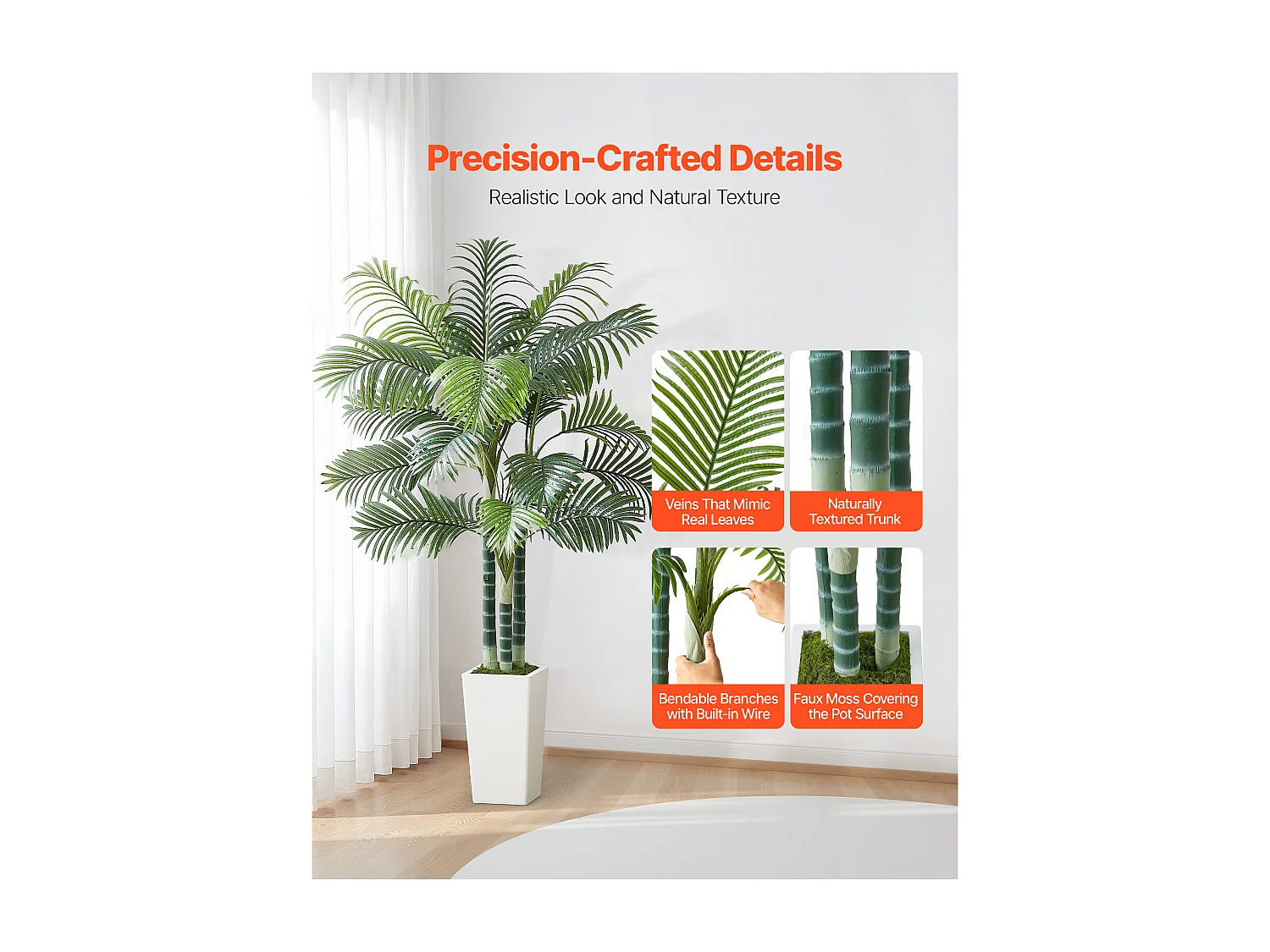 Palma Artificiale Areca SucceBuy, 1,8 m, Pianta Artificiale Tropicale in Vaso Bianco, Falso Albero Tropicale Palma Areca Tronco Spesso,per Decorazione