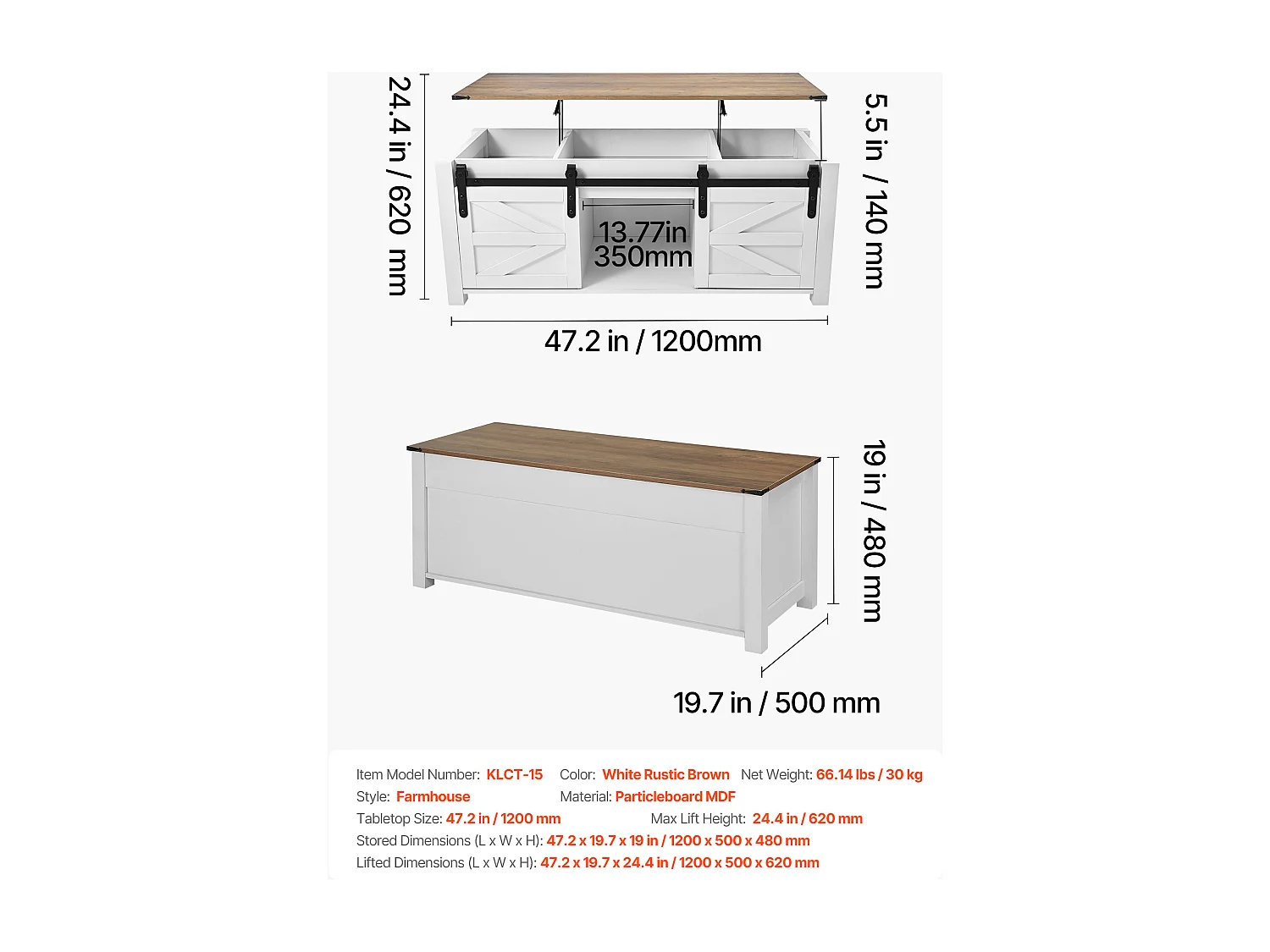Table Basse SucceBuy à Plateau Relevable Rectangulaire, 120 x 50 x 48 cm, Table de Salon avec Porte de Grange et Compartiment de Rangement Dissimulé