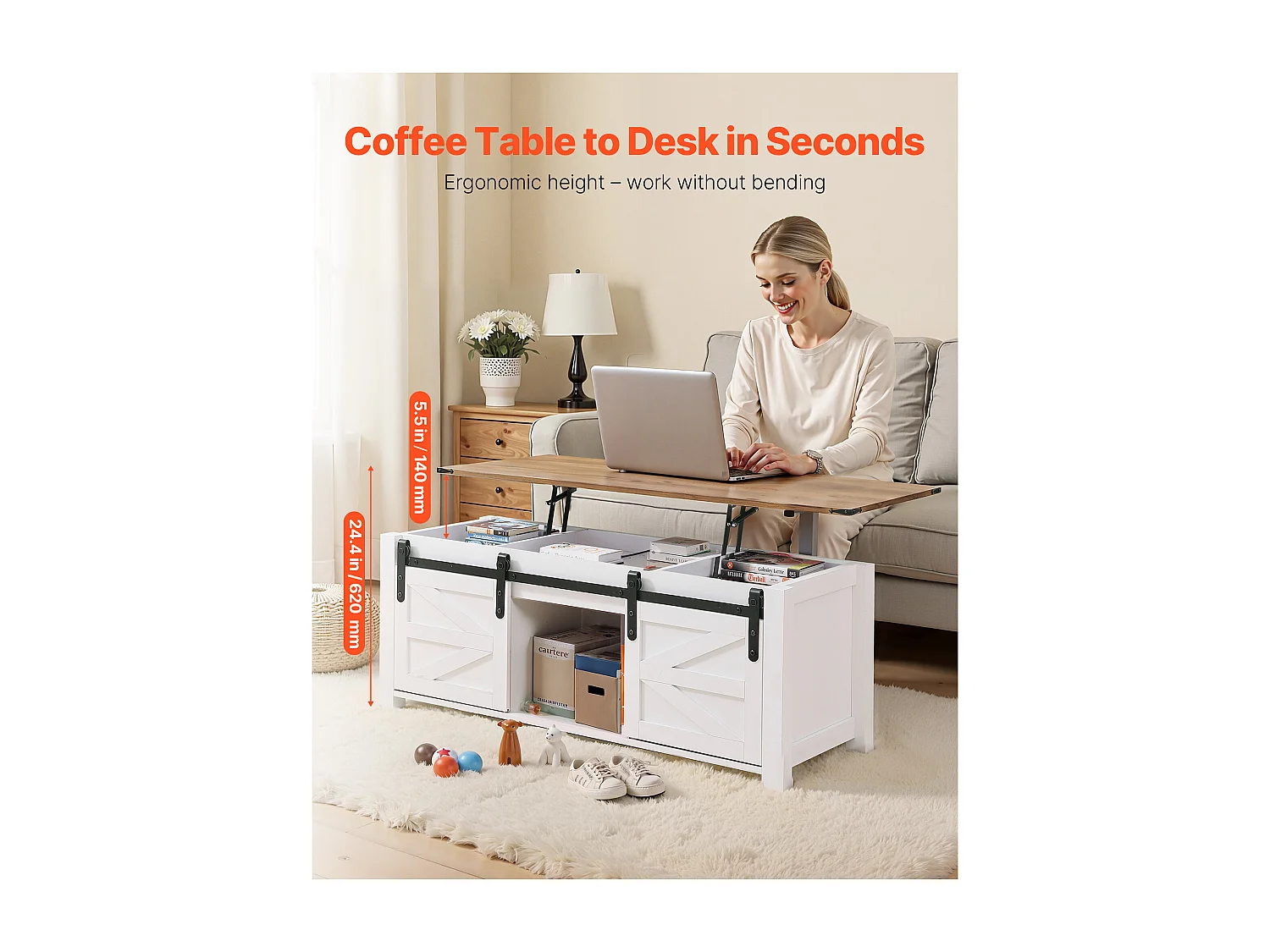 Table Basse SucceBuy à Plateau Relevable Rectangulaire, 120 x 50 x 48 cm, Table de Salon avec Porte de Grange et Compartiment de Rangement Dissimulé