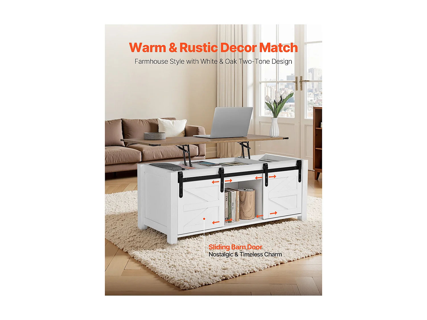 Table Basse SucceBuy à Plateau Relevable Rectangulaire, 120 x 50 x 48 cm, Table de Salon avec Porte de Grange et Compartiment de Rangement Dissimulé