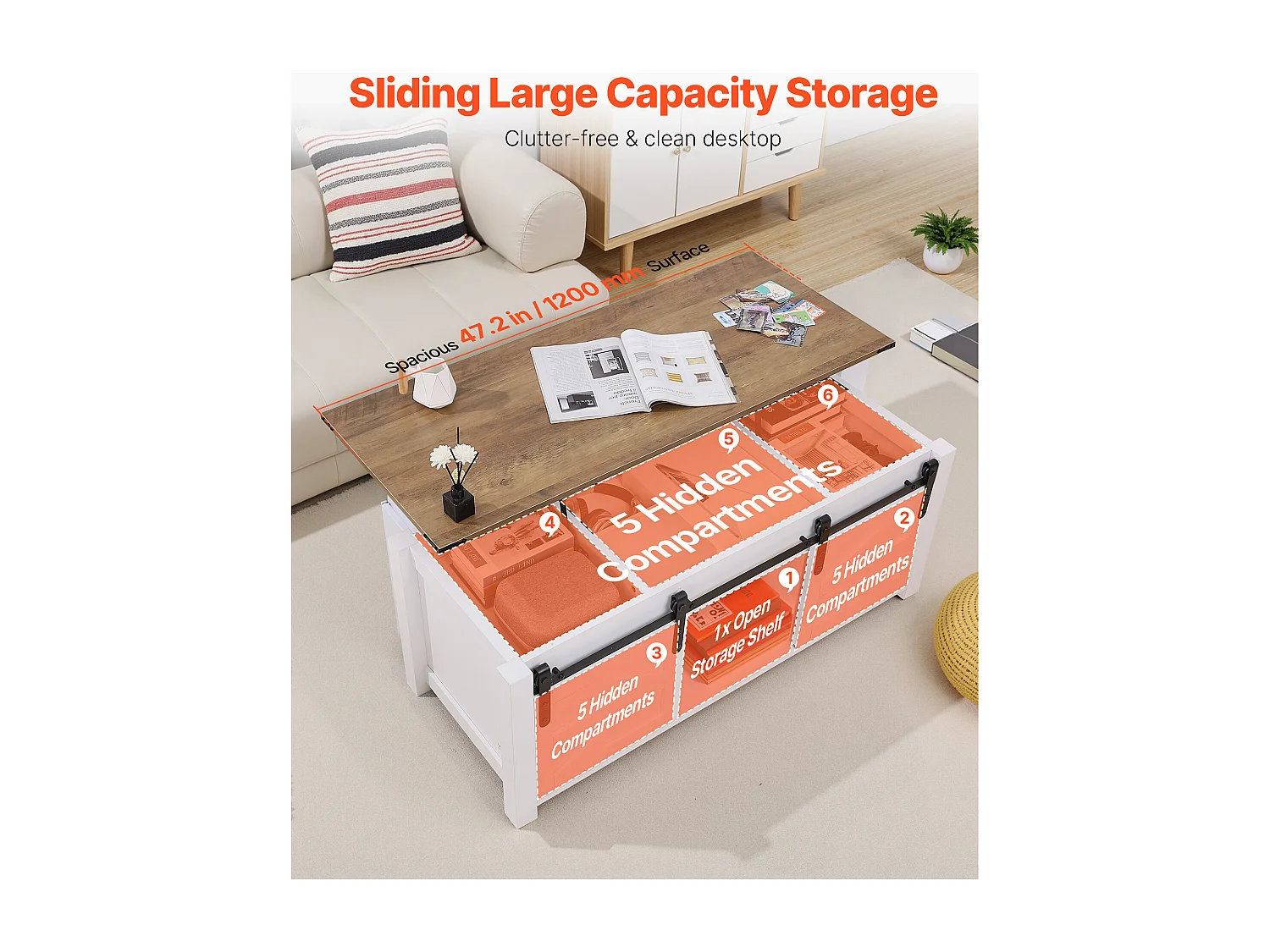 Table Basse SucceBuy à Plateau Relevable Rectangulaire, 120 x 50 x 48 cm, Table de Salon avec Porte de Grange et Compartiment de Rangement Dissimulé