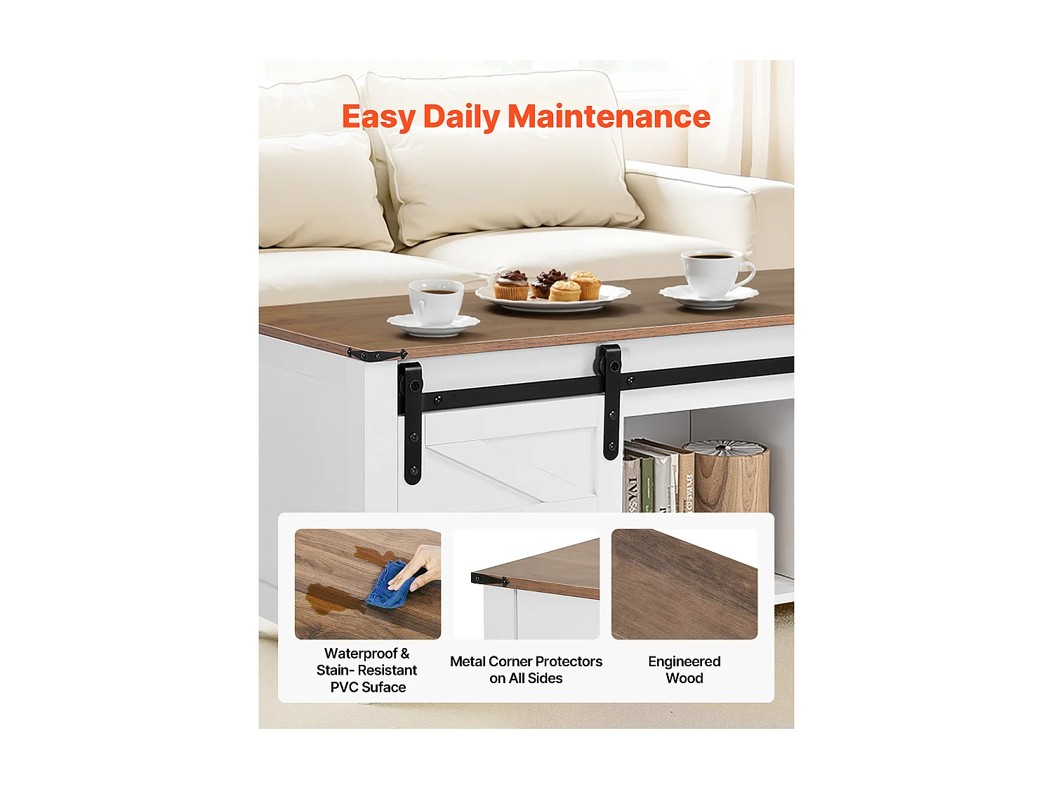 Table Basse SucceBuy à Plateau Relevable Rectangulaire, 120 x 50 x 48 cm, Table de Salon avec Porte de Grange et Compartiment de Rangement Dissimulé