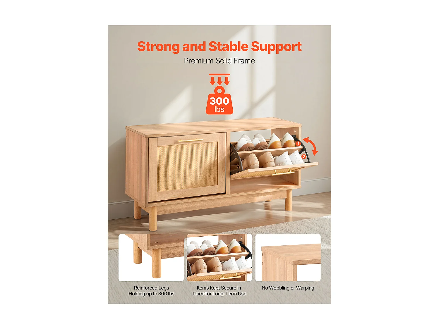 Banc à Chaussures d'Entrée SucceBuy, 100x30x53 cm, Banc Rangement avec 2 Tiroirs Rabattables, Support Rangement pour Chaussures 136 kg, 4 Compartiments