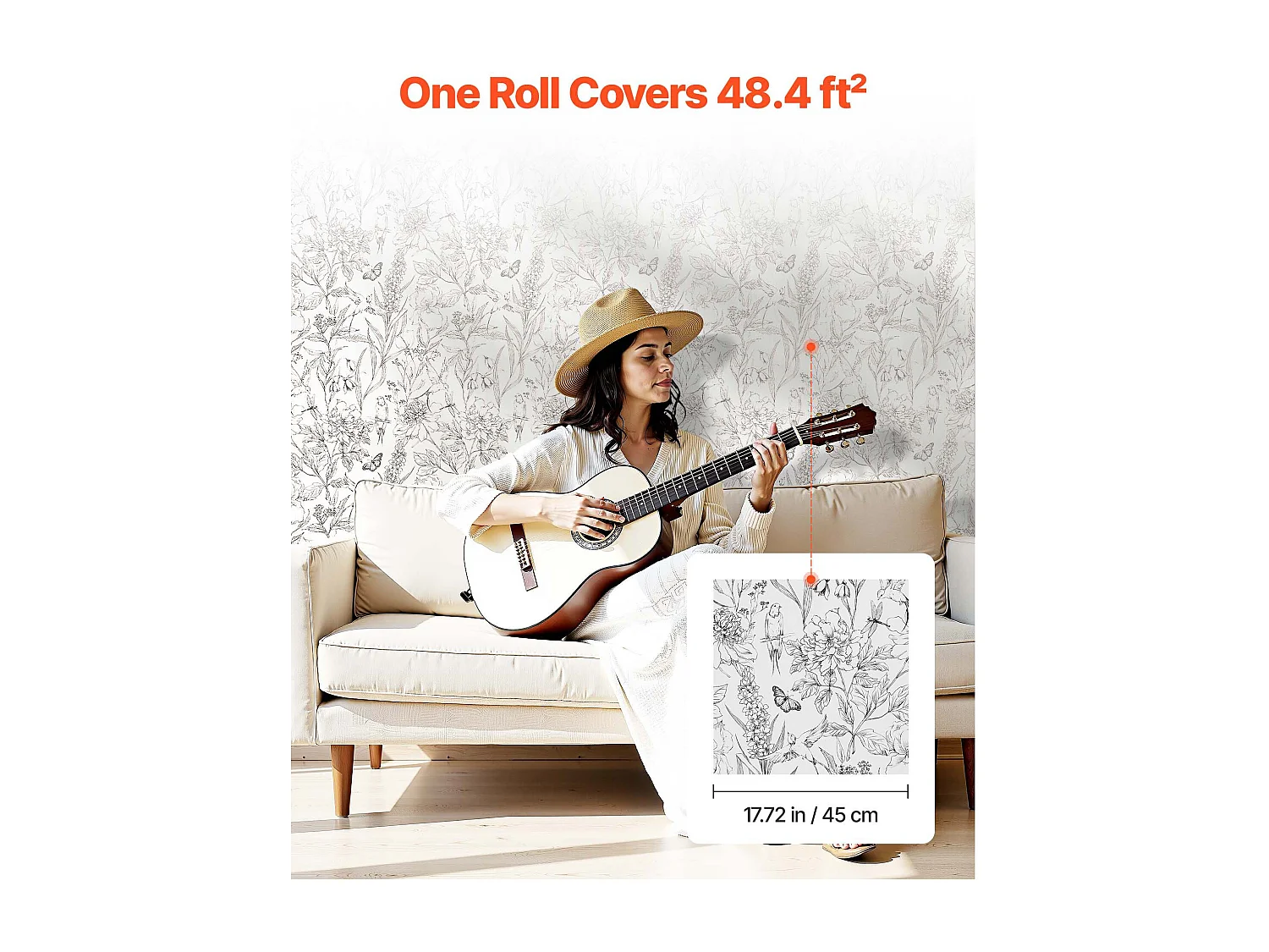 Papel Pintado Adhesivo de Pared SucceBuy, 45 cm x 10 m, Rollo Papel Pintado Autoadhesivo Vinilo, Motif Floral Botánico Blanco, Impermeable