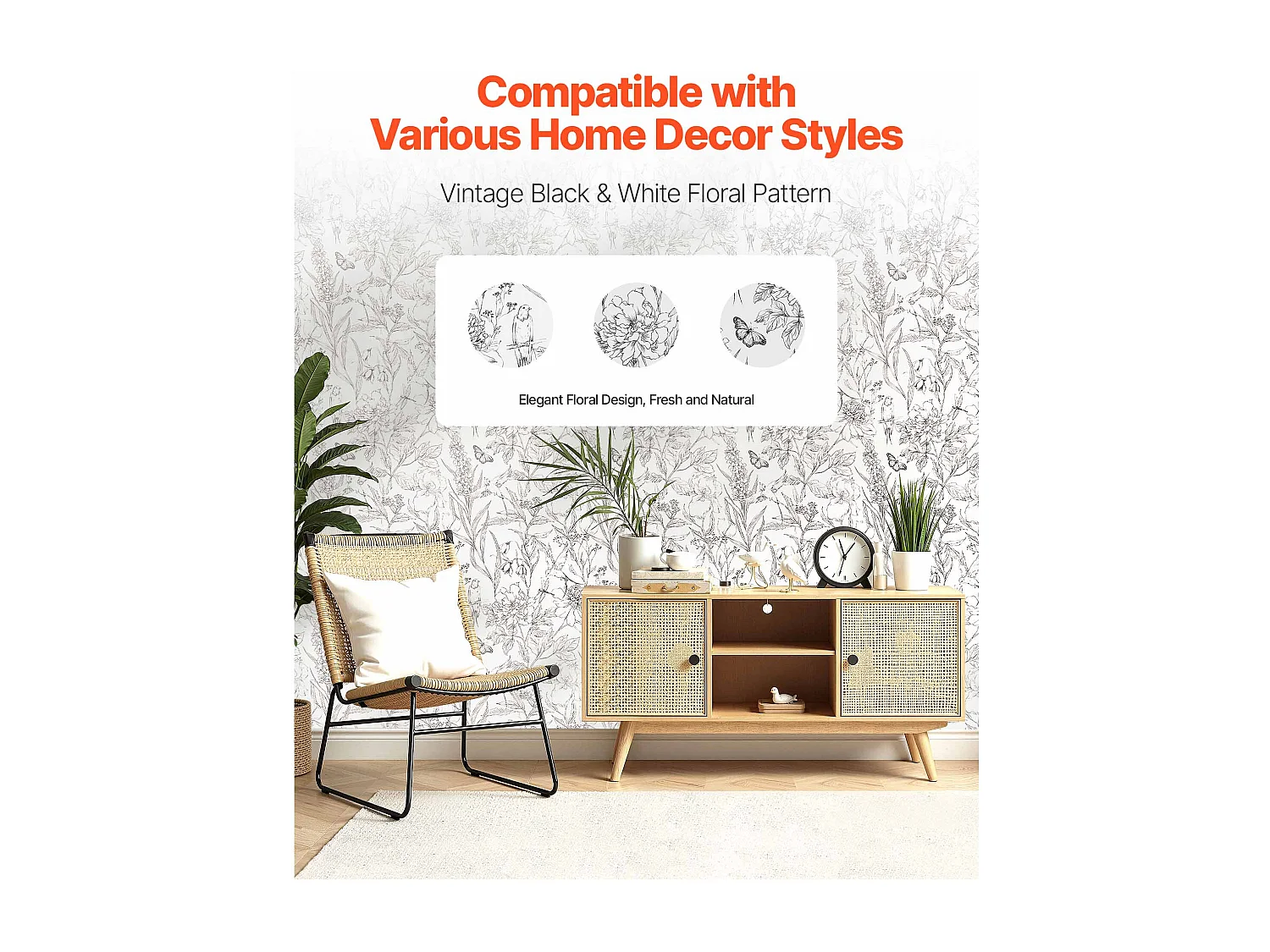 Papier Peint Adhésif Mural SucceBuy, 45 cm x 10 m, Rouleau Papier Peint Autocollant Vinyle, Motif Floral Botanique Blanc, Imperméable, pour Revêtement Mural