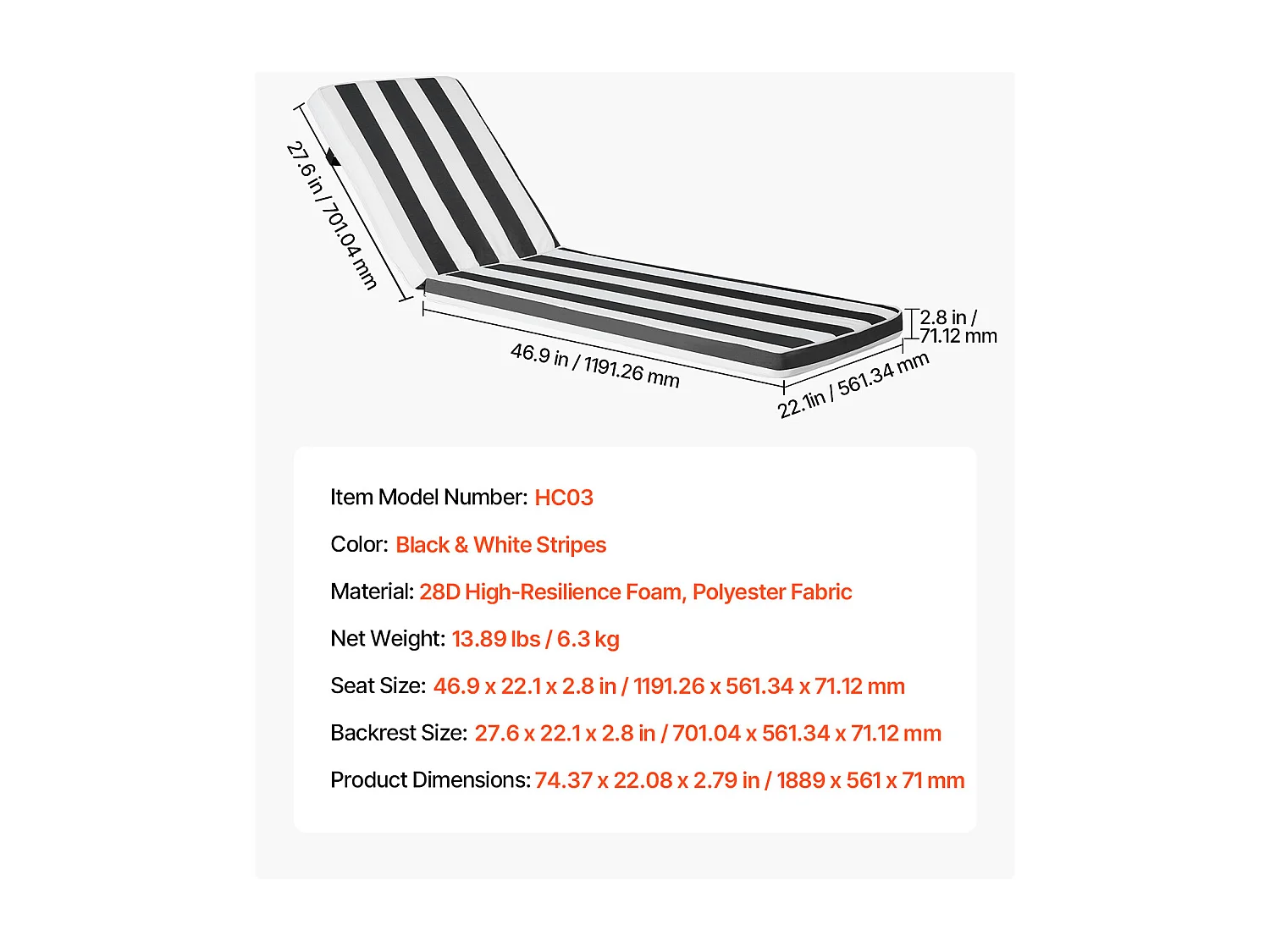 Liegestuhl-Kissen SucceBuy, 189 x 56 cm, Garten-Liegestuhl-Kissen, Set von 2, Wasserdicht Dick Beständig gegen Verblassen, mit Befestigungsbändern, für Terrasse