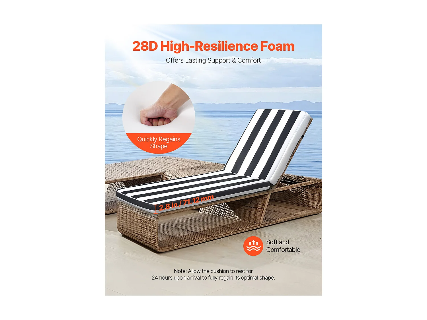 Liegestuhl-Kissen SucceBuy, 189 x 56 cm, Garten-Liegestuhl-Kissen, Set von 2, Wasserdicht Dick Beständig gegen Verblassen, mit Befestigungsbändern, für Terrasse