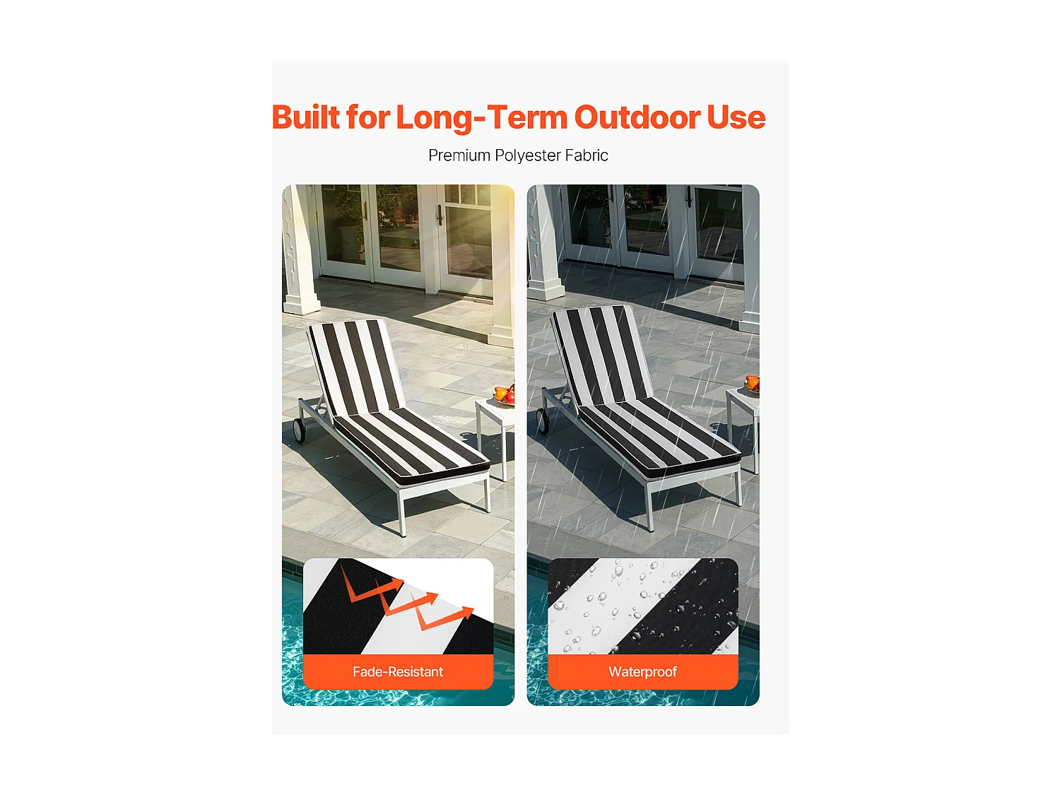 Liegestuhl-Kissen SucceBuy, 189 x 56 cm, Garten-Liegestuhl-Kissen, Set von 2, Wasserdicht Dick Beständig gegen Verblassen, mit Befestigungsbändern, für Terrasse