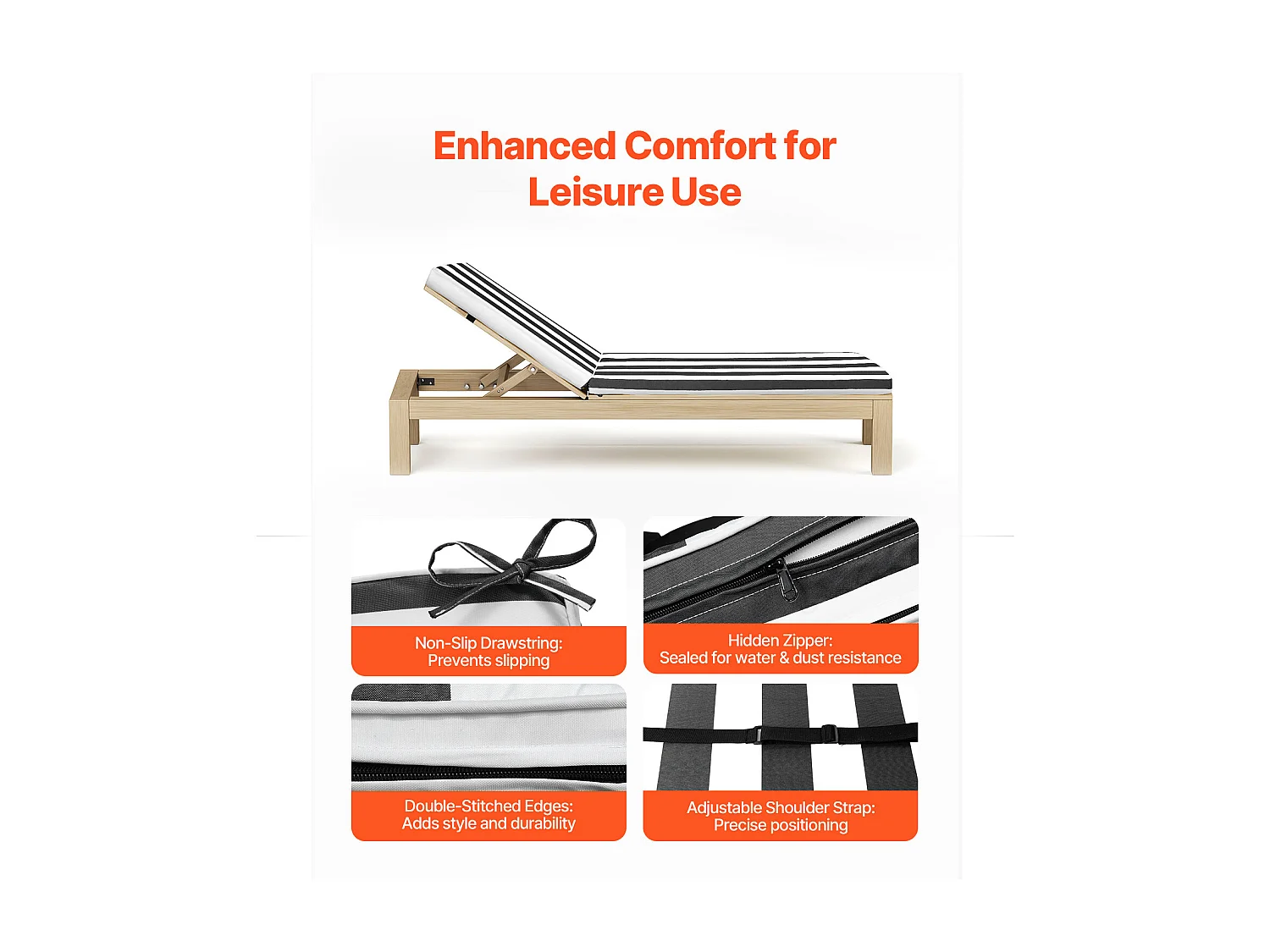 Liegestuhl-Kissen SucceBuy, 189 x 56 cm, Garten-Liegestuhl-Kissen, Set von 2, Wasserdicht Dick Beständig gegen Verblassen, mit Befestigungsbändern, für Terrasse