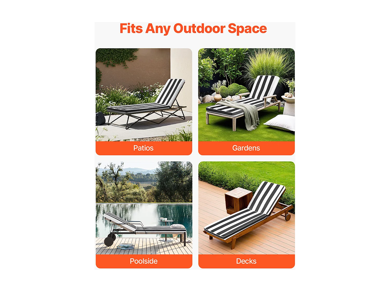 Coussin de Bain de Soleil SucceBuy, 189 x 56 cm, Coussin de Chaise Longue de Jardin, Lot de 2, Imperméable Épais Résistant à Décoloration, avec Attaches