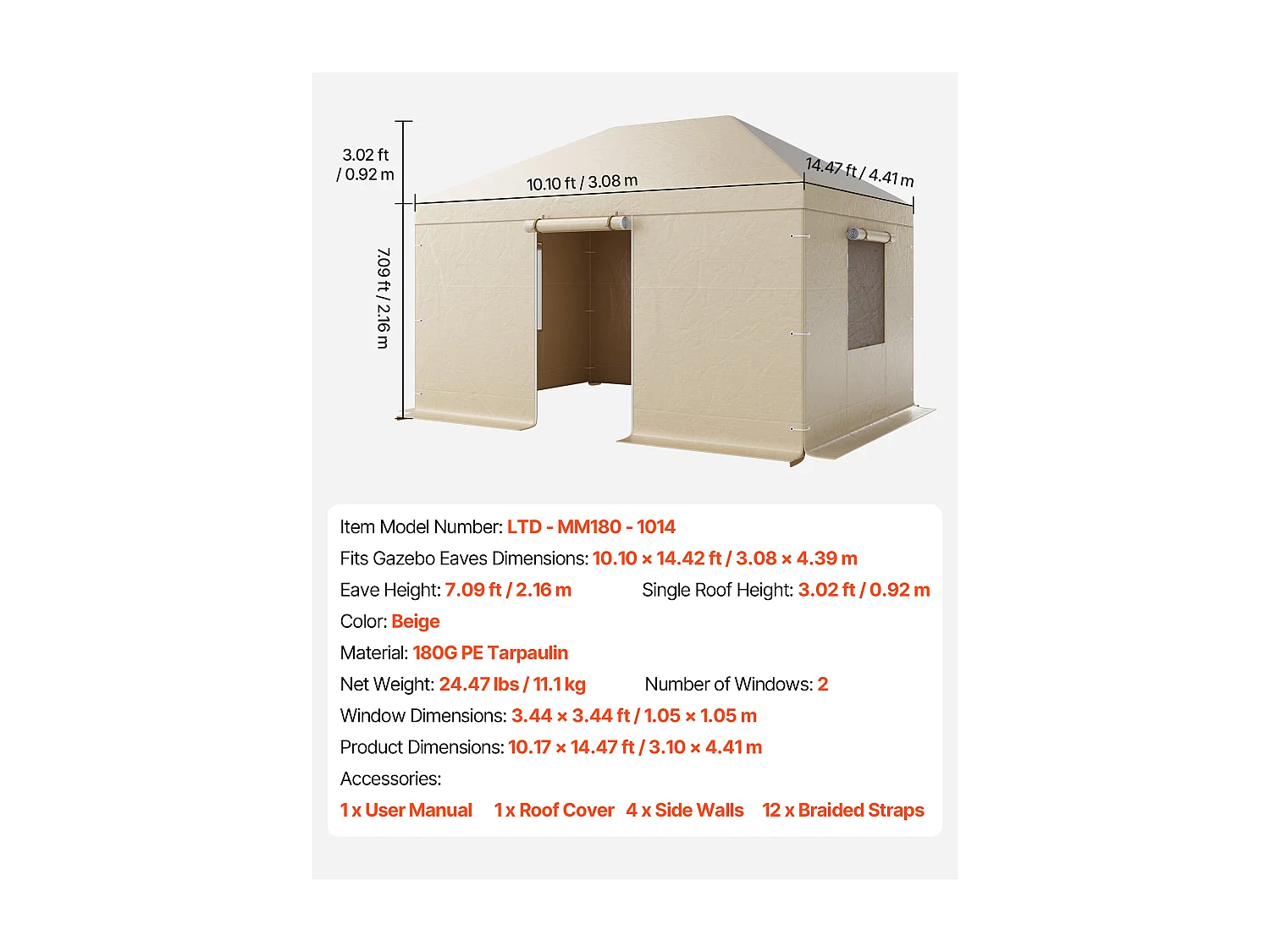 Capa de Gazebo Inverno SucceBuy, 3,1x4,4 m, Cobertura para Gazebo com Teto Rígido Todas as Estações, com Paredes Laterais, Janelas de Rede