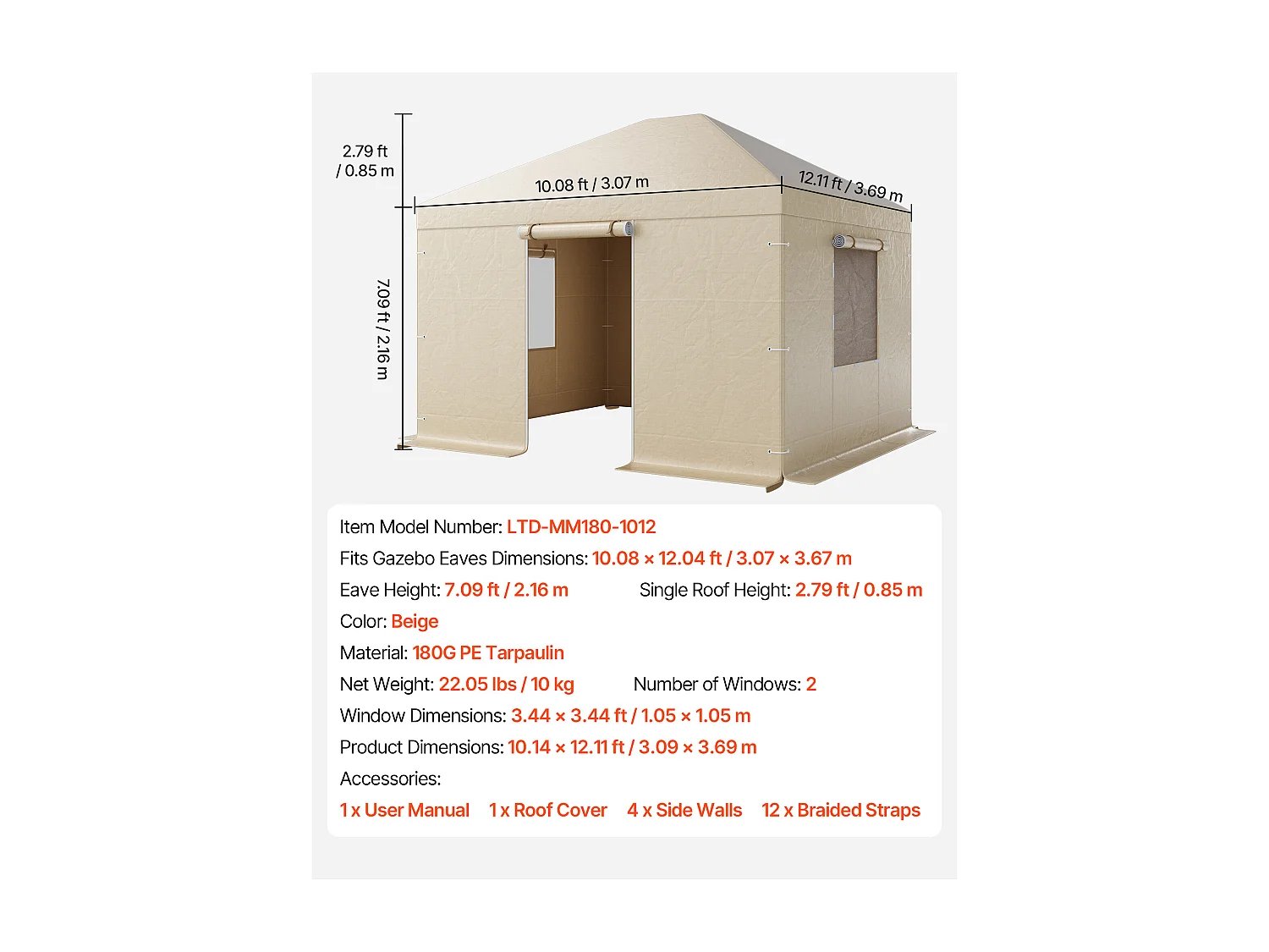 Housse de Gazebo Hiver SucceBuy, 3,1x3,7 m, Couverture de Gazebo Toit Rigide Toutes Saisons, avec Parois Latérales, Fenêtres Maille, Matériau PE Haute Densité
