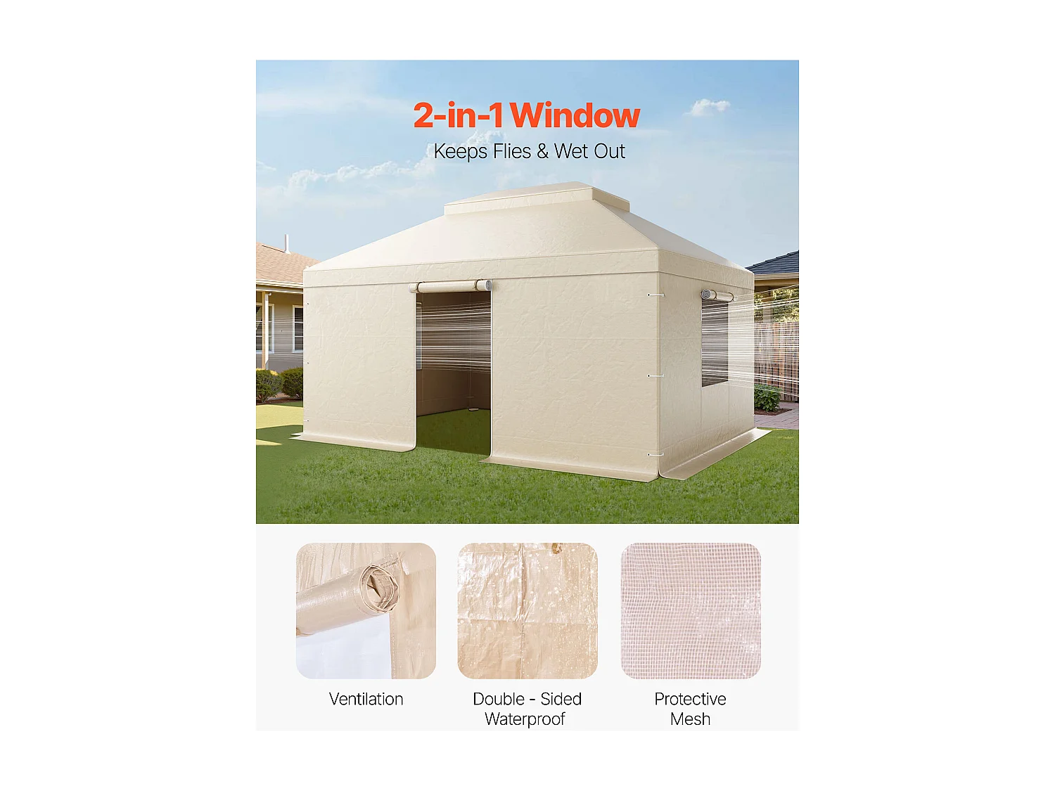 Housse de Gazebo Hiver SucceBuy, 3,66 x 4,9 m, Couverture de Gazebo à Toit Rigide Double, avec Parois Latérales, Fenêtres Maille, Matériau PE Haute Densité