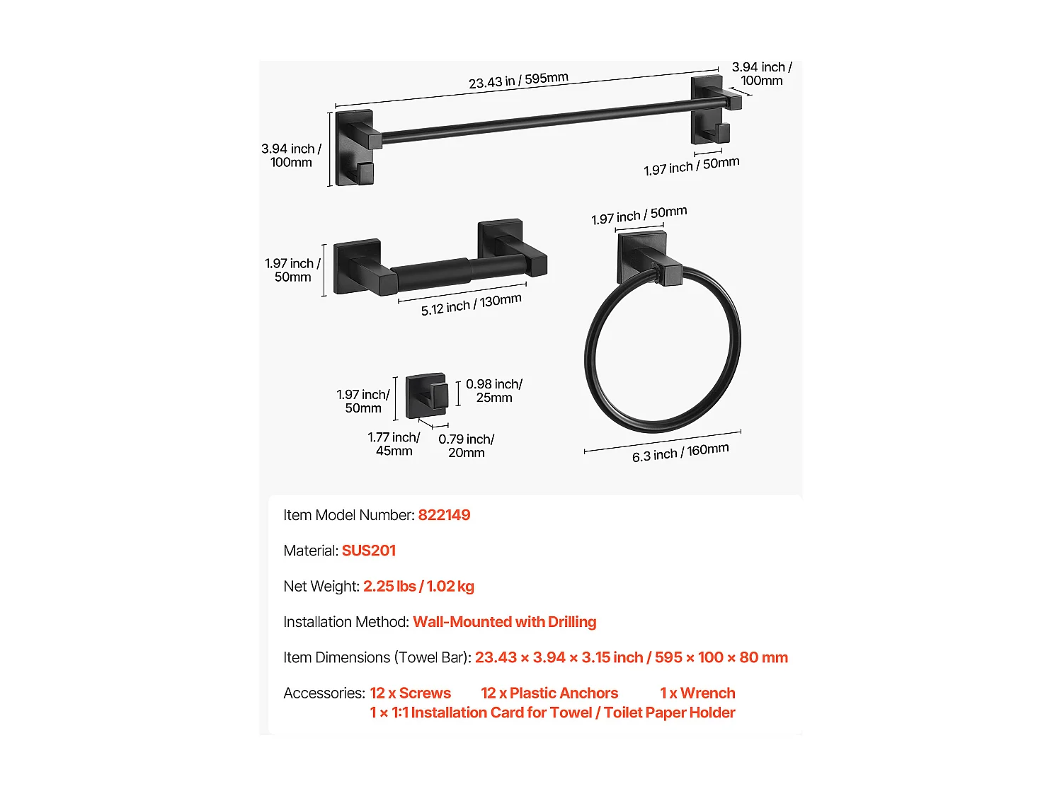 Accessoires de Salle de Bain SucceBuy 4PCs, Porte-Serviettes Mural en Inox 59,5 cm avec Anneau Porte-Serviette, Crochet pour Peignoir et Porte-Papier Toilette