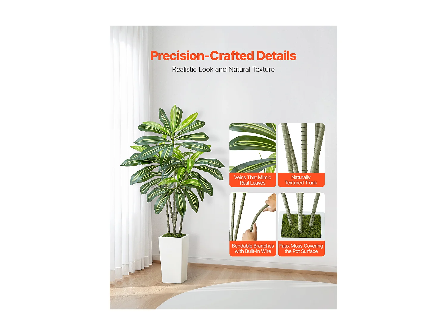 Dracaena Artificiel SucceBuy, 1,5 m, Plante Artificielle Tropicale en Pot Blanc, Faux Arbre Tropical, Fausse Plante Feuilles Polyéthylène pour Salon, Bureau