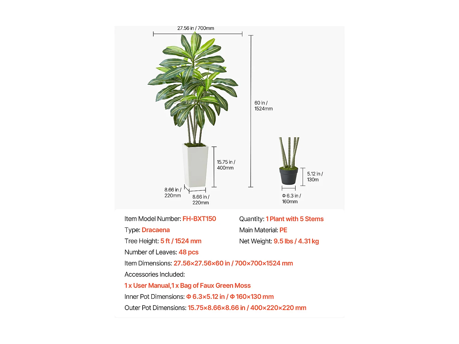 Dracaena Artificiel SucceBuy, 1,5 m, Plante Artificielle Tropicale en Pot Blanc, Faux Arbre Tropical, Fausse Plante Feuilles Polyéthylène pour Salon, Bureau