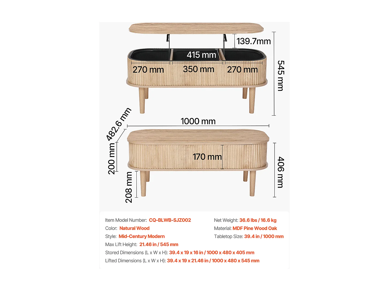 Verstelbare Bijzettafel SucceBuy, 100 x 48 x 40.5 cm, Gegroefde Ovale Salontafel met 3 Verborgen Vakken, Centraal Bureau van Hout in Mid-Century Stijl