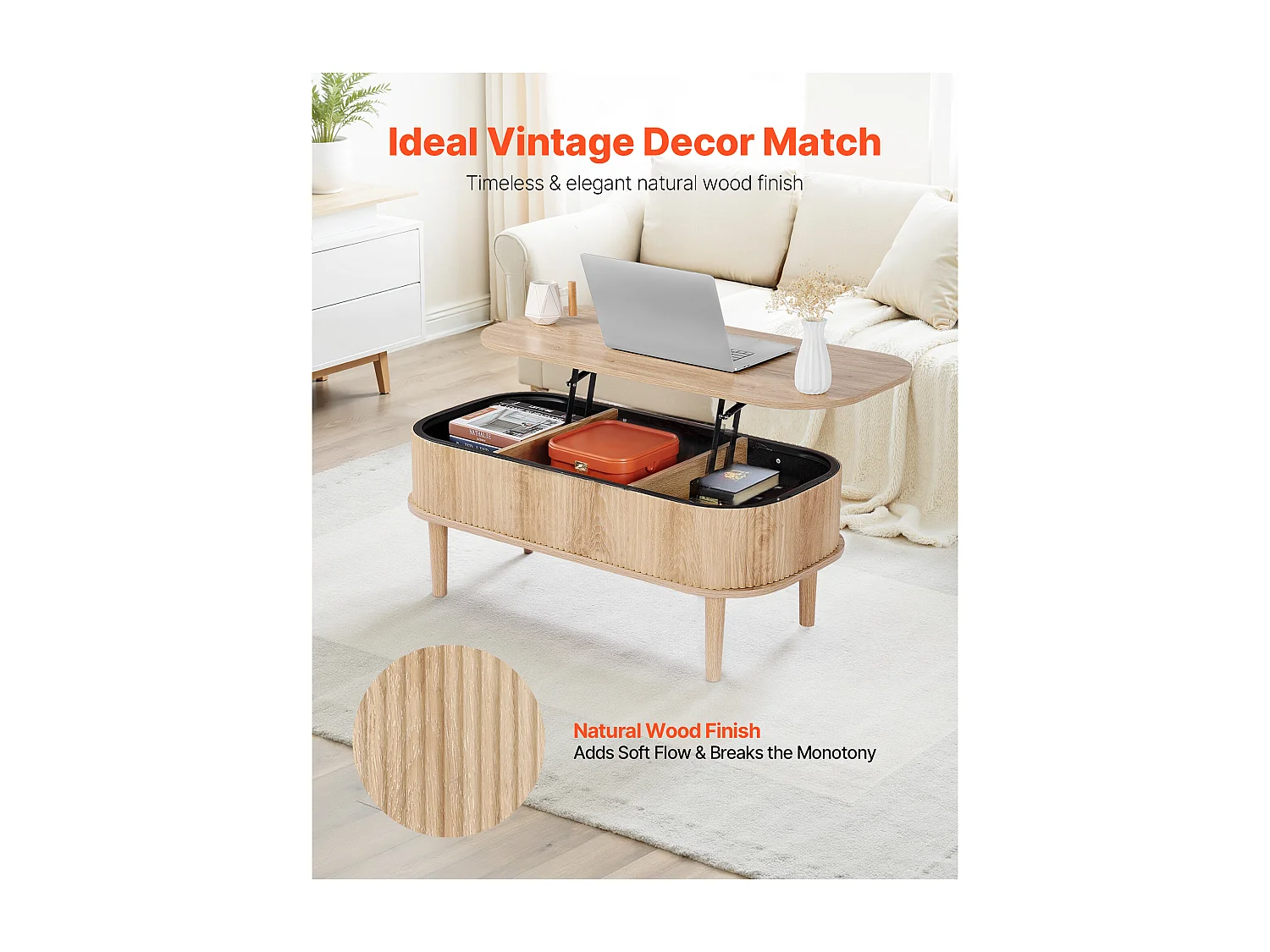 Verstelbare Bijzettafel SucceBuy, 100 x 48 x 40.5 cm, Gegroefde Ovale Salontafel met 3 Verborgen Vakken, Centraal Bureau van Hout in Mid-Century Stijl