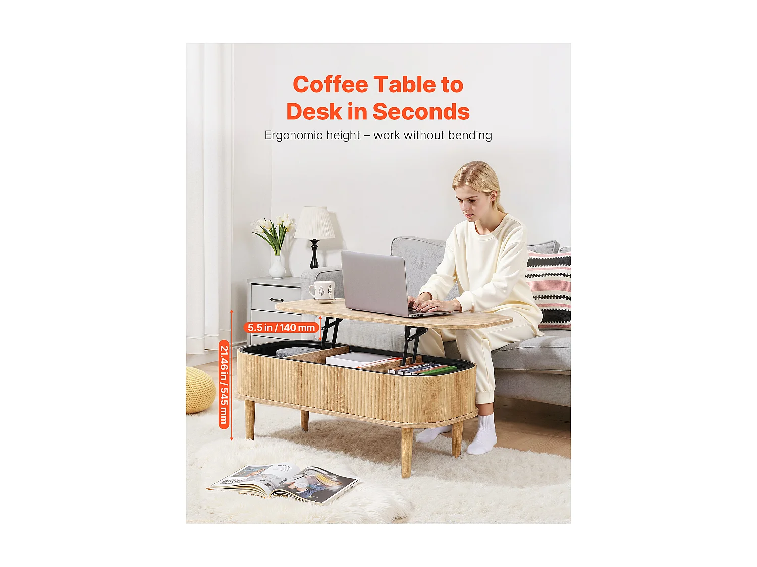 Verstelbare Bijzettafel SucceBuy, 100 x 48 x 40.5 cm, Gegroefde Ovale Salontafel met 3 Verborgen Vakken, Centraal Bureau van Hout in Mid-Century Stijl