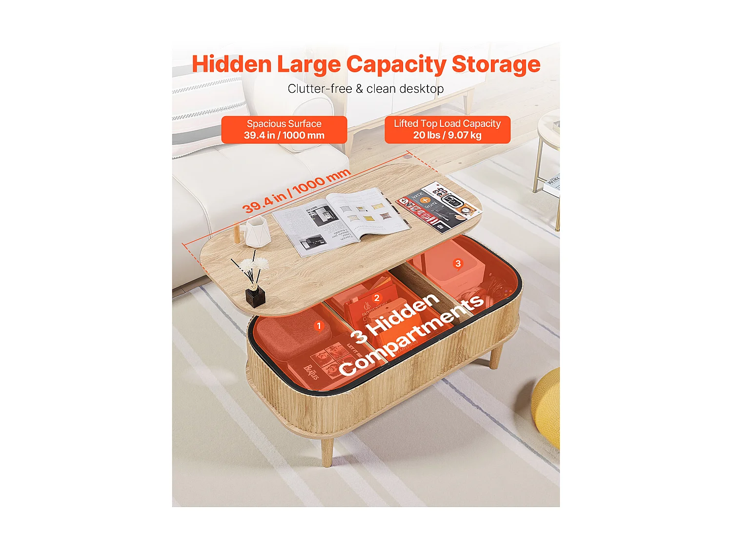Verstelbare Bijzettafel SucceBuy, 100 x 48 x 40.5 cm, Gegroefde Ovale Salontafel met 3 Verborgen Vakken, Centraal Bureau van Hout in Mid-Century Stijl