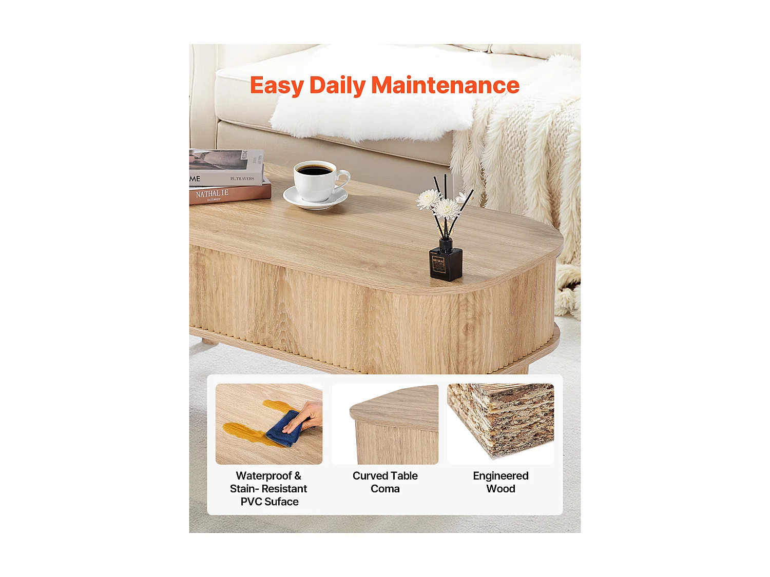 Verstelbare Bijzettafel SucceBuy, 100 x 48 x 40.5 cm, Gegroefde Ovale Salontafel met 3 Verborgen Vakken, Centraal Bureau van Hout in Mid-Century Stijl