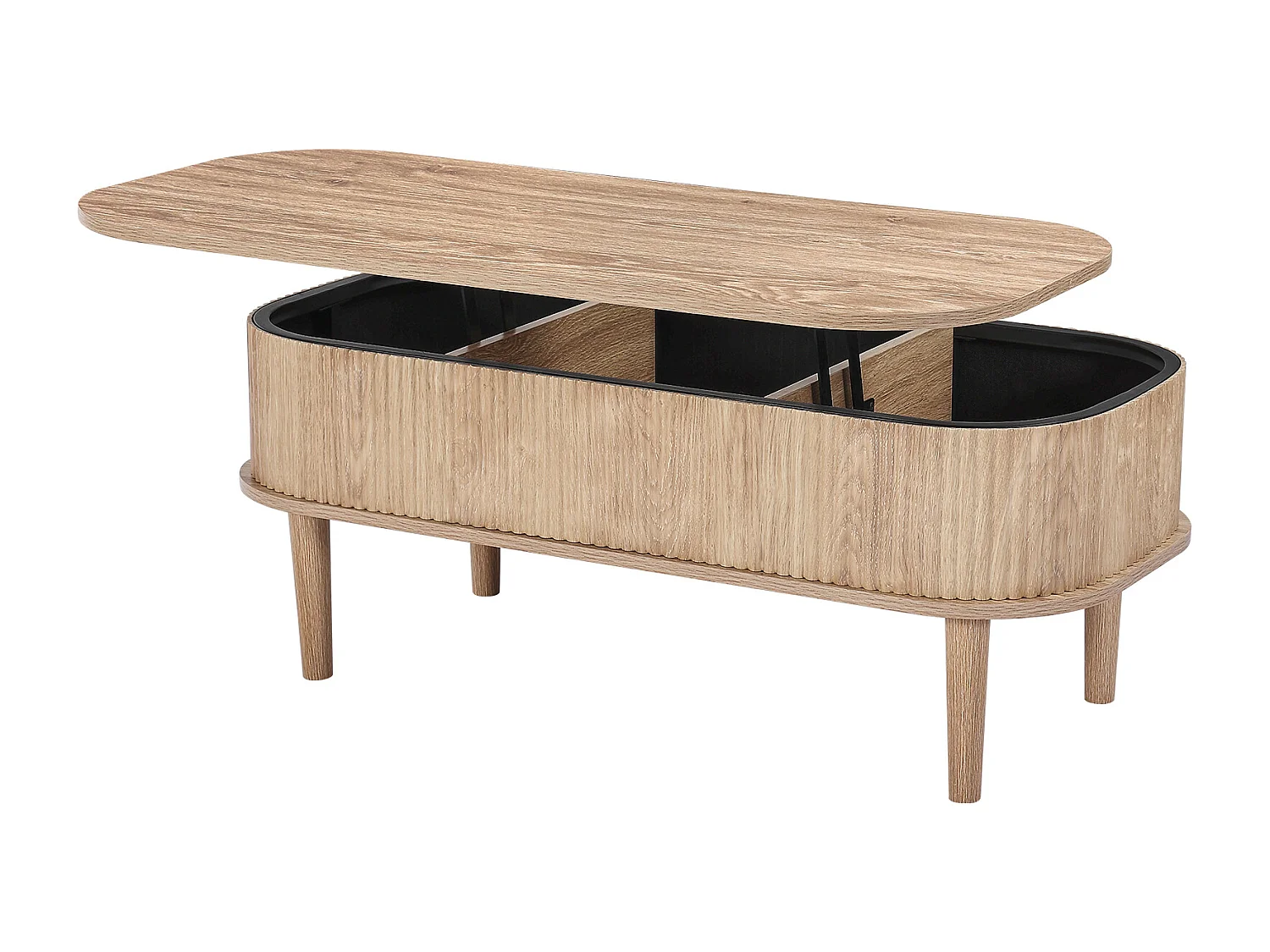 Verstelbare Bijzettafel SucceBuy, 100 x 48 x 40.5 cm, Gegroefde Ovale Salontafel met 3 Verborgen Vakken, Centraal Bureau van Hout in Mid-Century Stijl