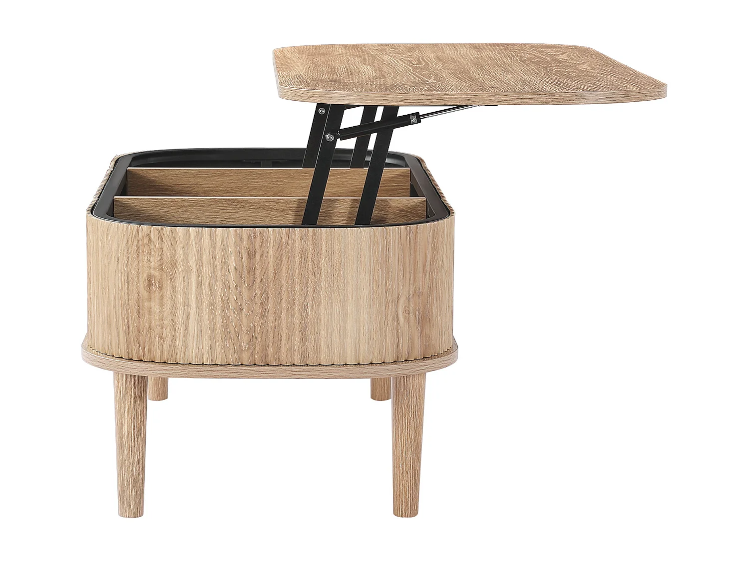 Verstelbare Bijzettafel SucceBuy, 100 x 48 x 40.5 cm, Gegroefde Ovale Salontafel met 3 Verborgen Vakken, Centraal Bureau van Hout in Mid-Century Stijl