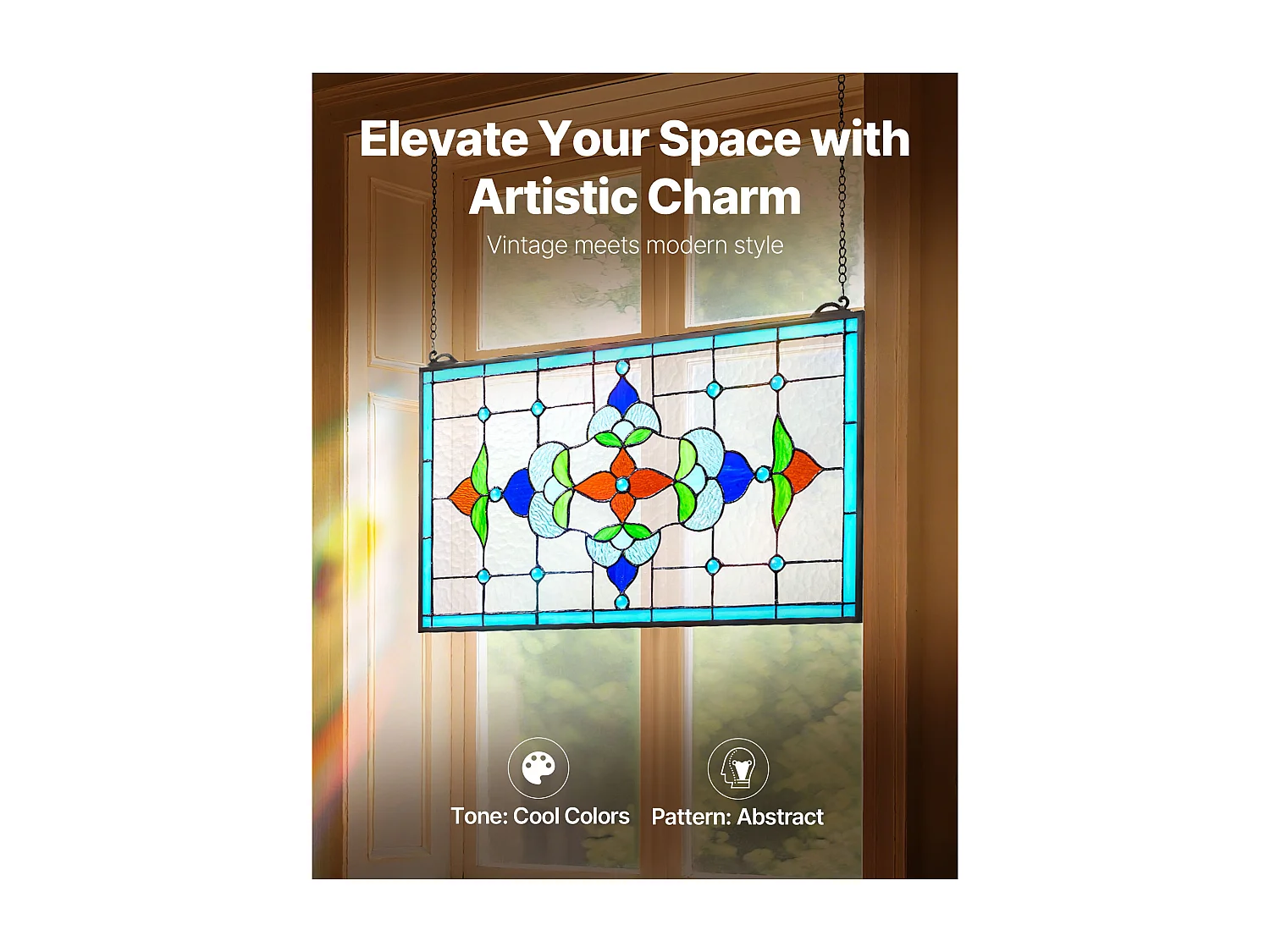 Apaga-sol Vitral SucceBuy 66,4 x 40,2 cm, Vitral Suspenso com Corrente, Estilo Tiffany, Retângulo Horizontal, Artesanato Tradicional Vintage para Decoração