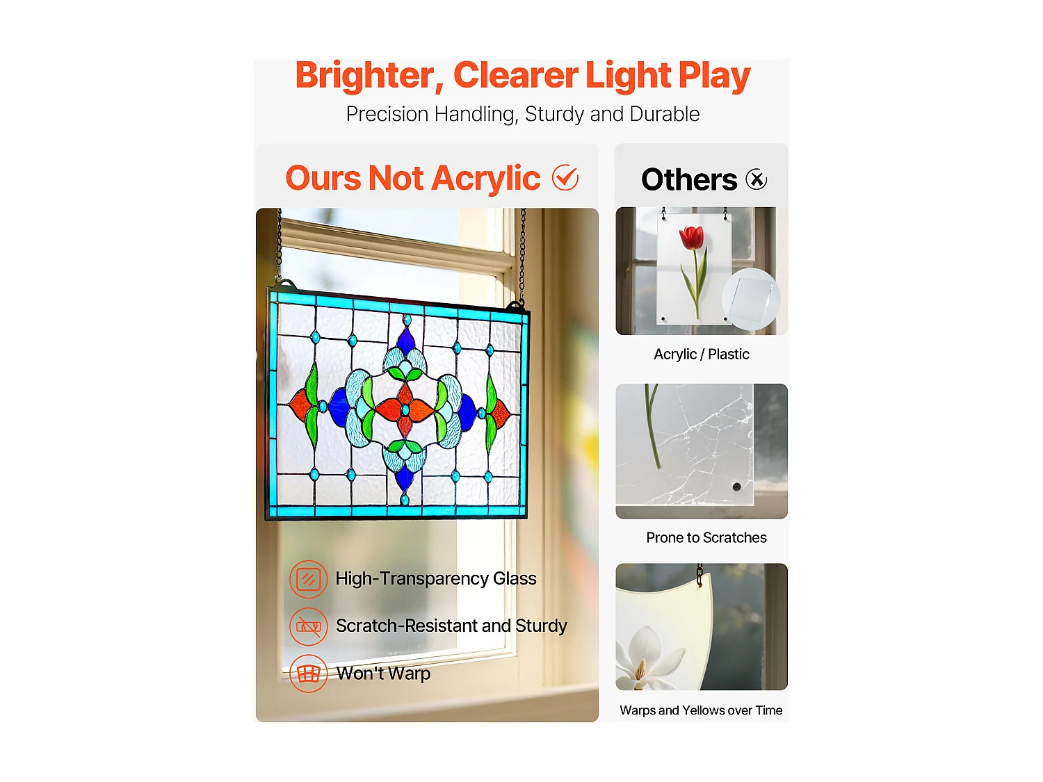 Apaga-sol Vitral SucceBuy 66,4 x 40,2 cm, Vitral Suspenso com Corrente, Estilo Tiffany, Retângulo Horizontal, Artesanato Tradicional Vintage para Decoração