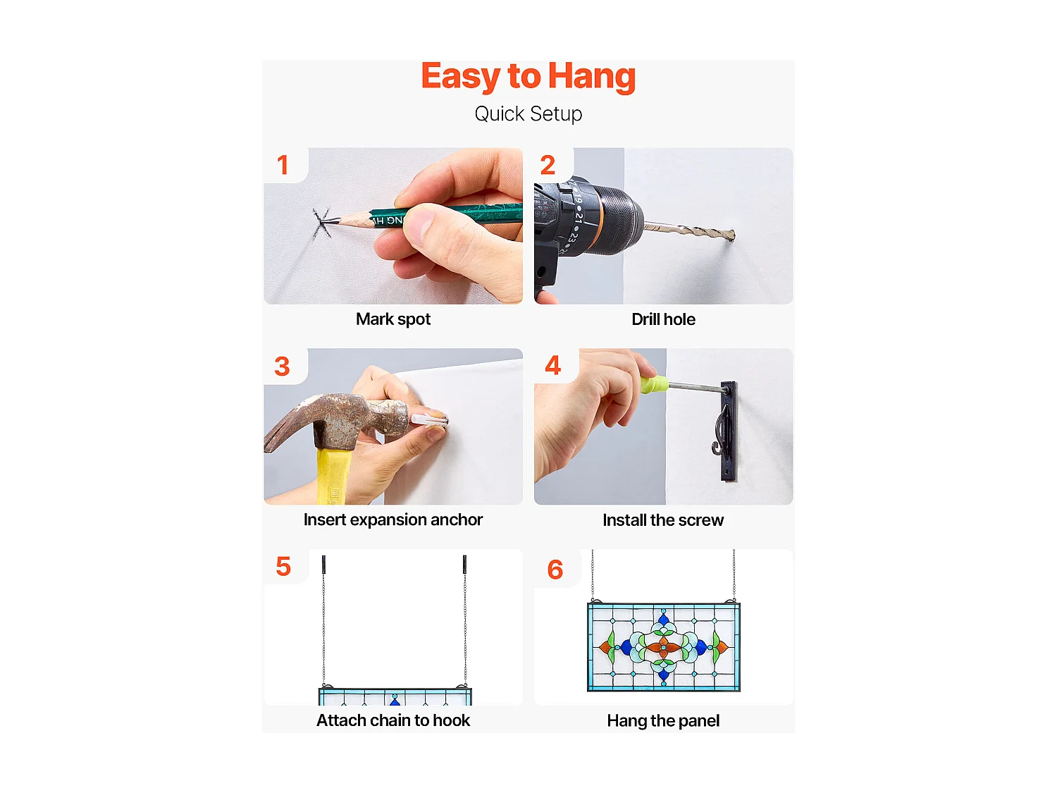 Apaga-sol Vitral SucceBuy 66,4 x 40,2 cm, Vitral Suspenso com Corrente, Estilo Tiffany, Retângulo Horizontal, Artesanato Tradicional Vintage para Decoração