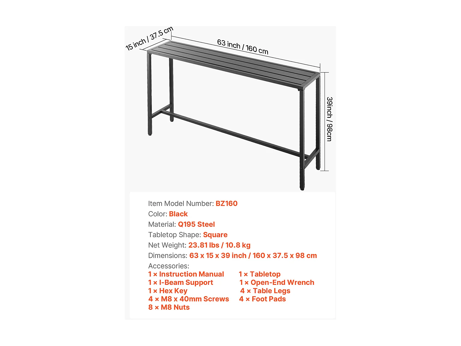 Hoge Bartafel SucceBuy voor Buiten, 160 x 37,5 cm, Rechthoekige Eettafel, met Waterdicht Blad, Robuuste Metalen Constructie, Tuinmeubilair