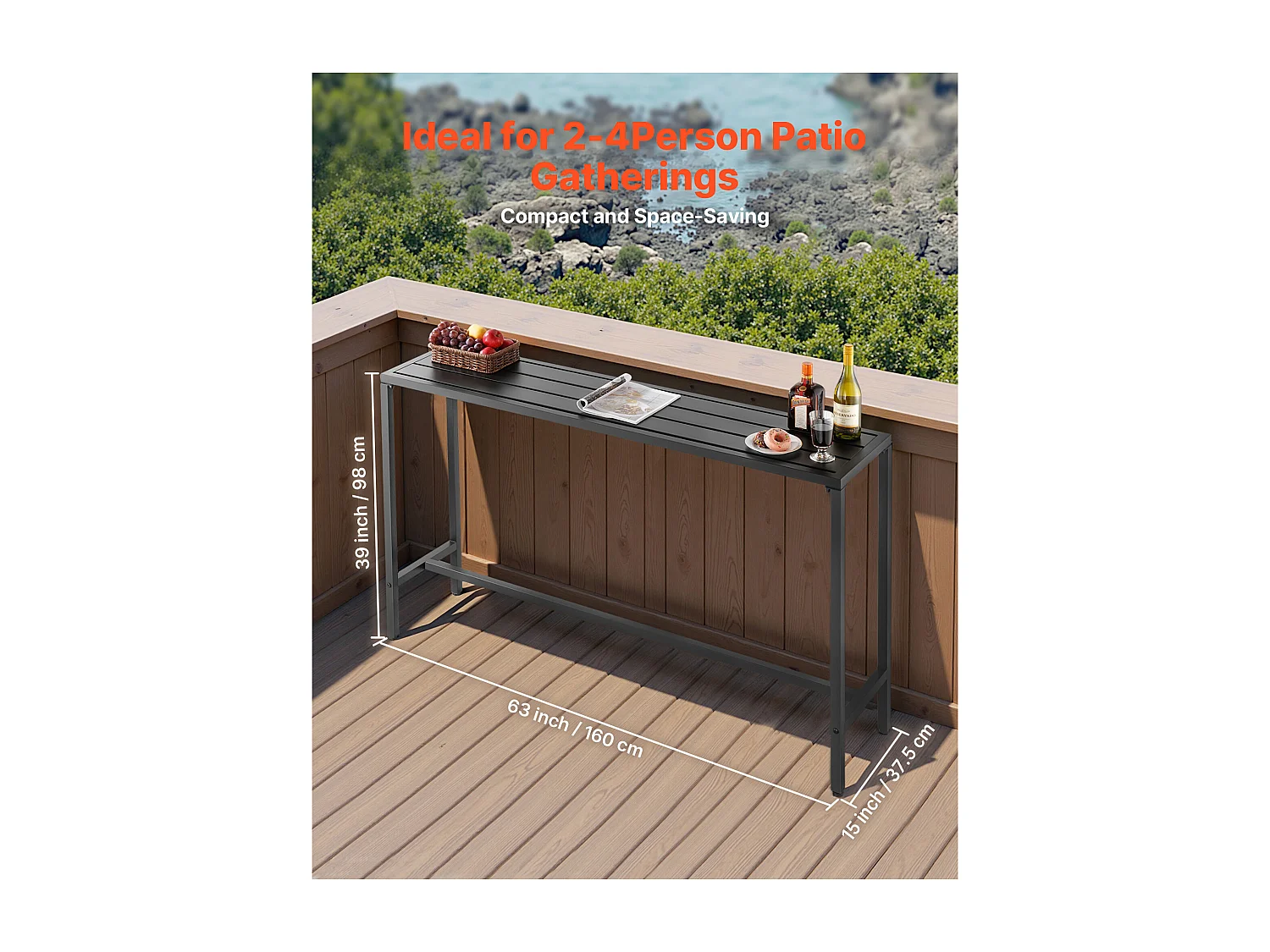 Hoge Bartafel SucceBuy voor Buiten, 160 x 37,5 cm, Rechthoekige Eettafel, met Waterdicht Blad, Robuuste Metalen Constructie, Tuinmeubilair