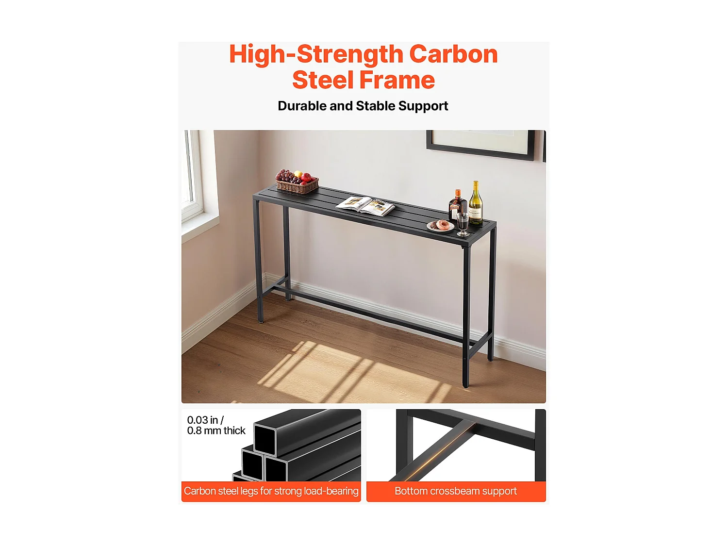 Hoge Bartafel SucceBuy voor Buiten, 160 x 37,5 cm, Rechthoekige Eettafel, met Waterdicht Blad, Robuuste Metalen Constructie, Tuinmeubilair