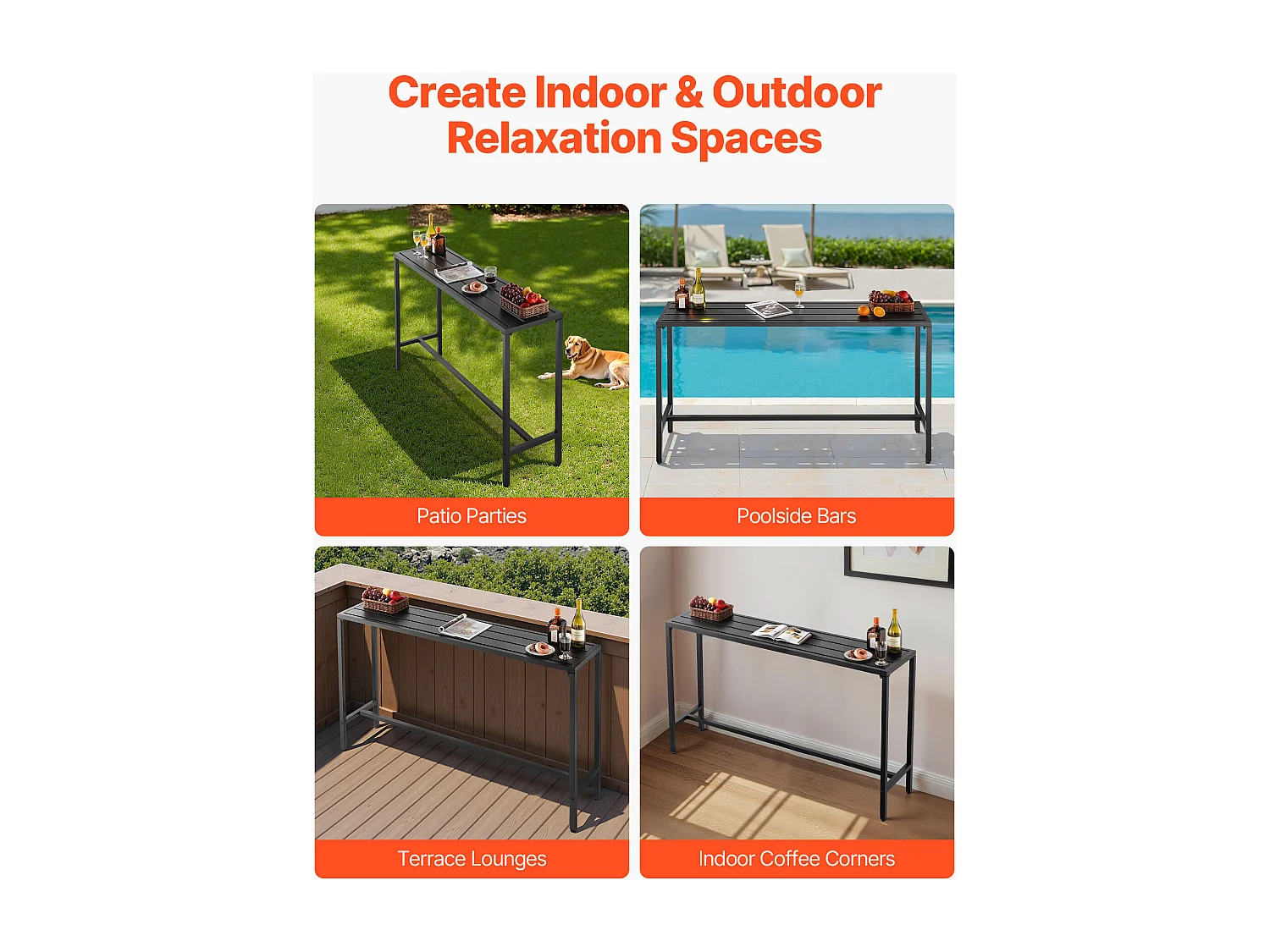 Hoge Bartafel SucceBuy voor Buiten, 160 x 37,5 cm, Rechthoekige Eettafel, met Waterdicht Blad, Robuuste Metalen Constructie, Tuinmeubilair