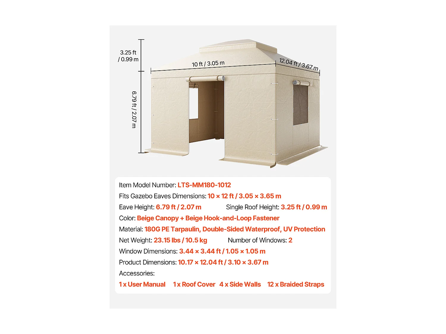 Housse de Gazebo Hiver SucceBuy, 3,05 x 3,65 m, Couverture de Gazebo à Toit Rigide Double, avec Parois Latérales, Fenêtres Maille, Matériau PE Haute Densité
