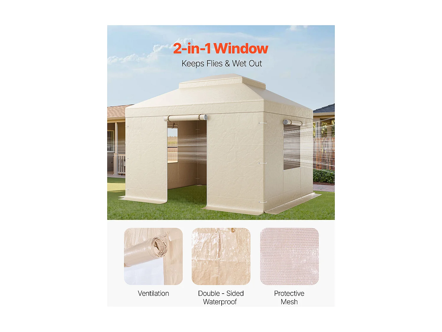 Housse de Gazebo Hiver SucceBuy, 3,05 x 3,65 m, Couverture de Gazebo à Toit Rigide Double, avec Parois Latérales, Fenêtres Maille, Matériau PE Haute Densité